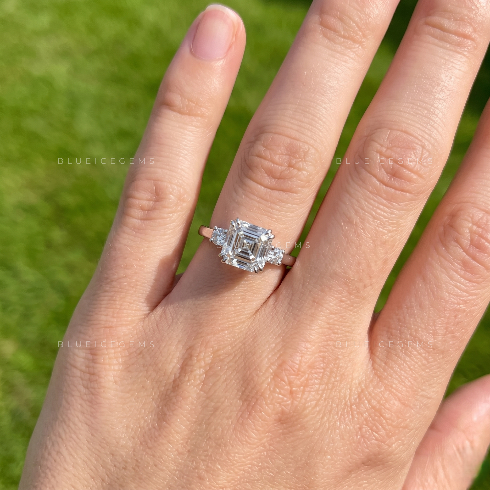 Grand Horizon Asscher Cut Three Stone Engagement Ring