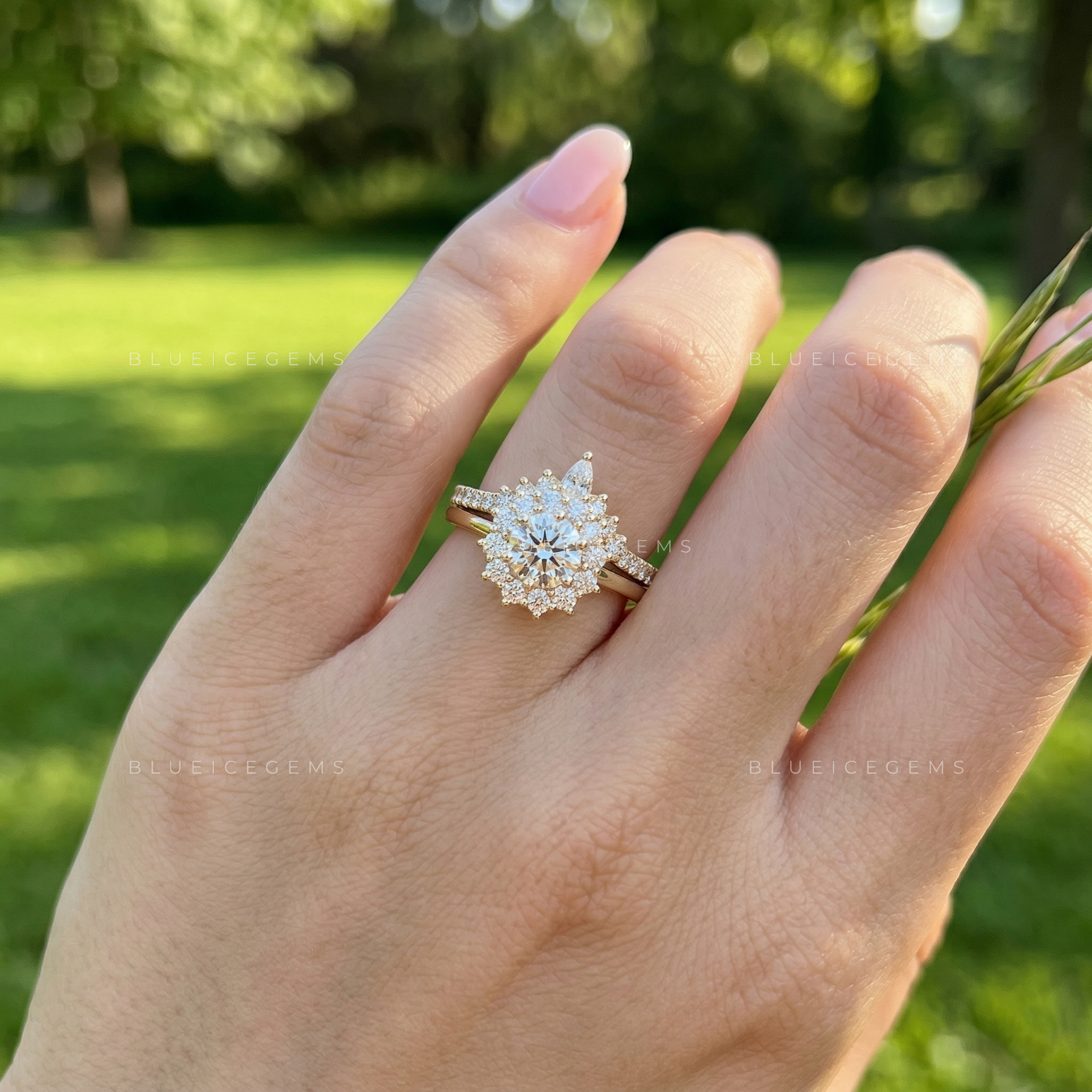 Celestial Radiance Round Brilliant Bridal Set with Contoured Floral Band