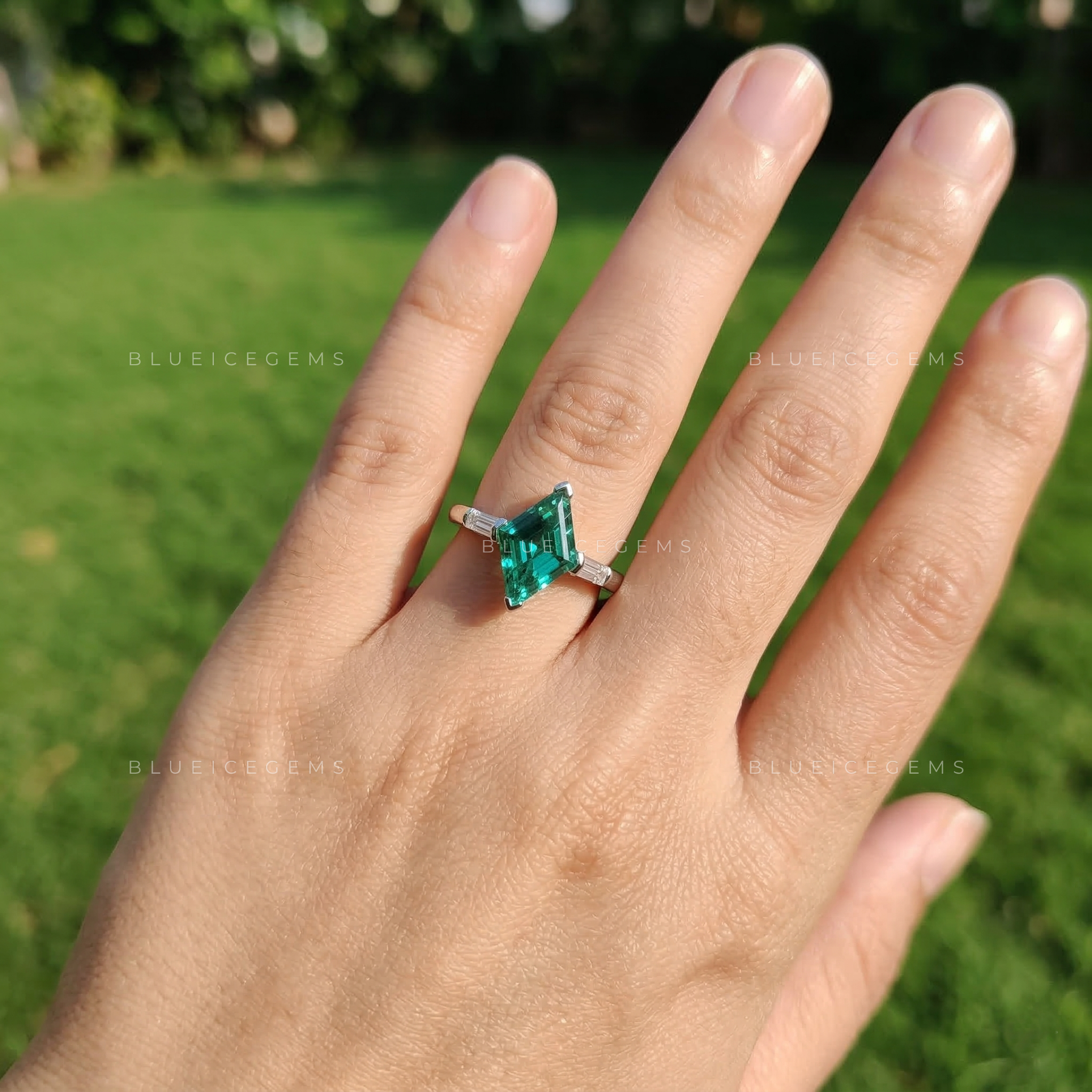 Mystic Forest Lozenge Cut Baguette Three Stone Ring
