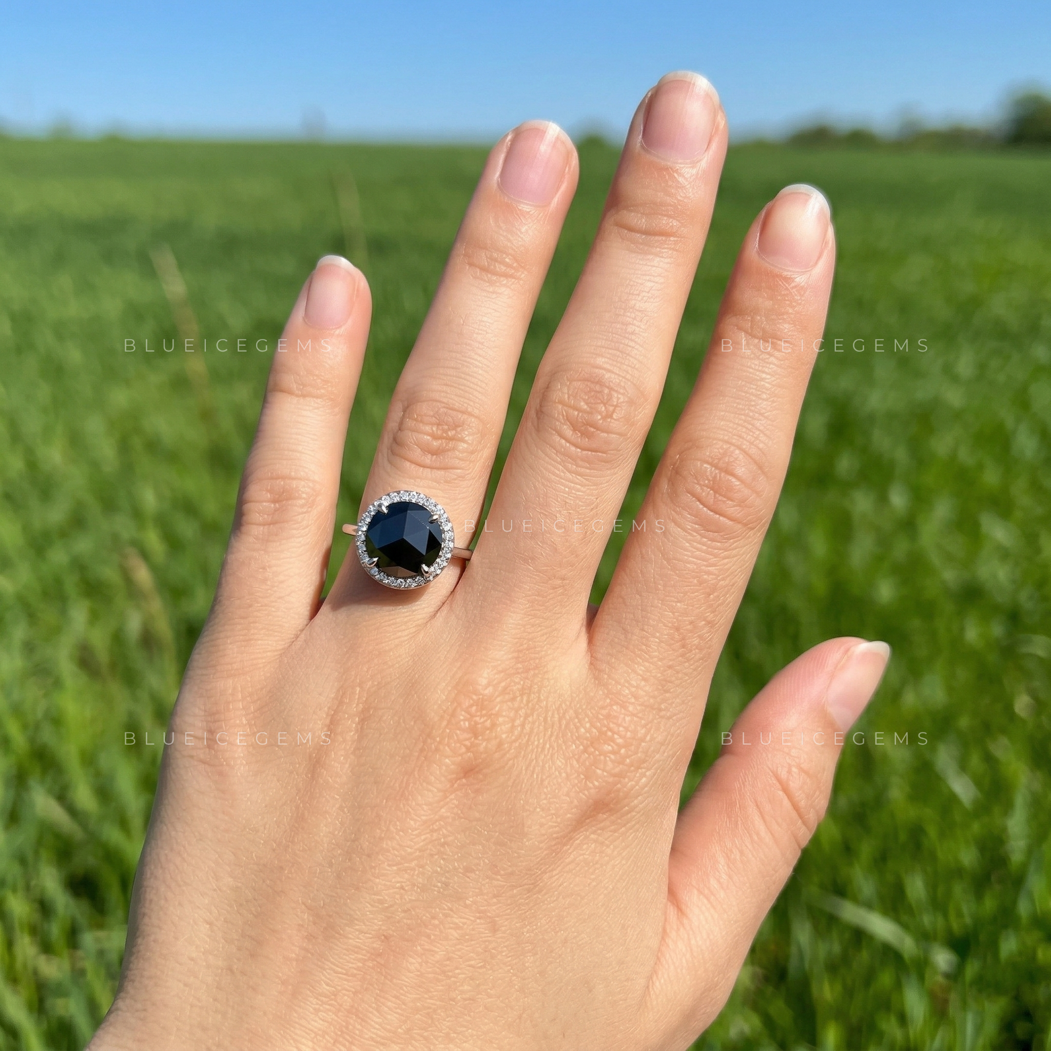Midnight Noir Round Rose Cut Black Diamond Hidden Halo Ring