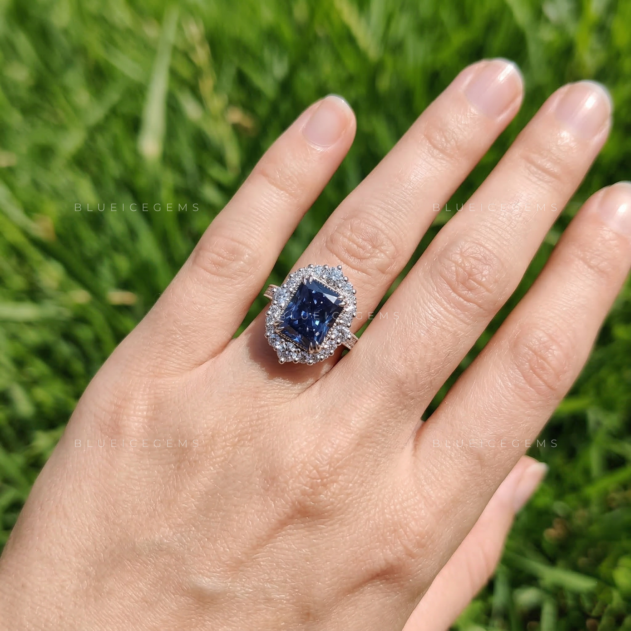 Deep Sea Radiant Cut Blue Moissanite Pavé Ring