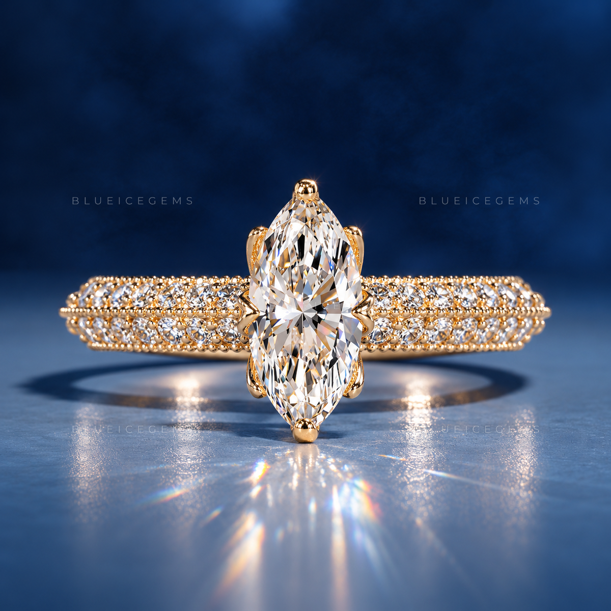 Opulent Crest Marquise Cut Side Stone Engagement Ring