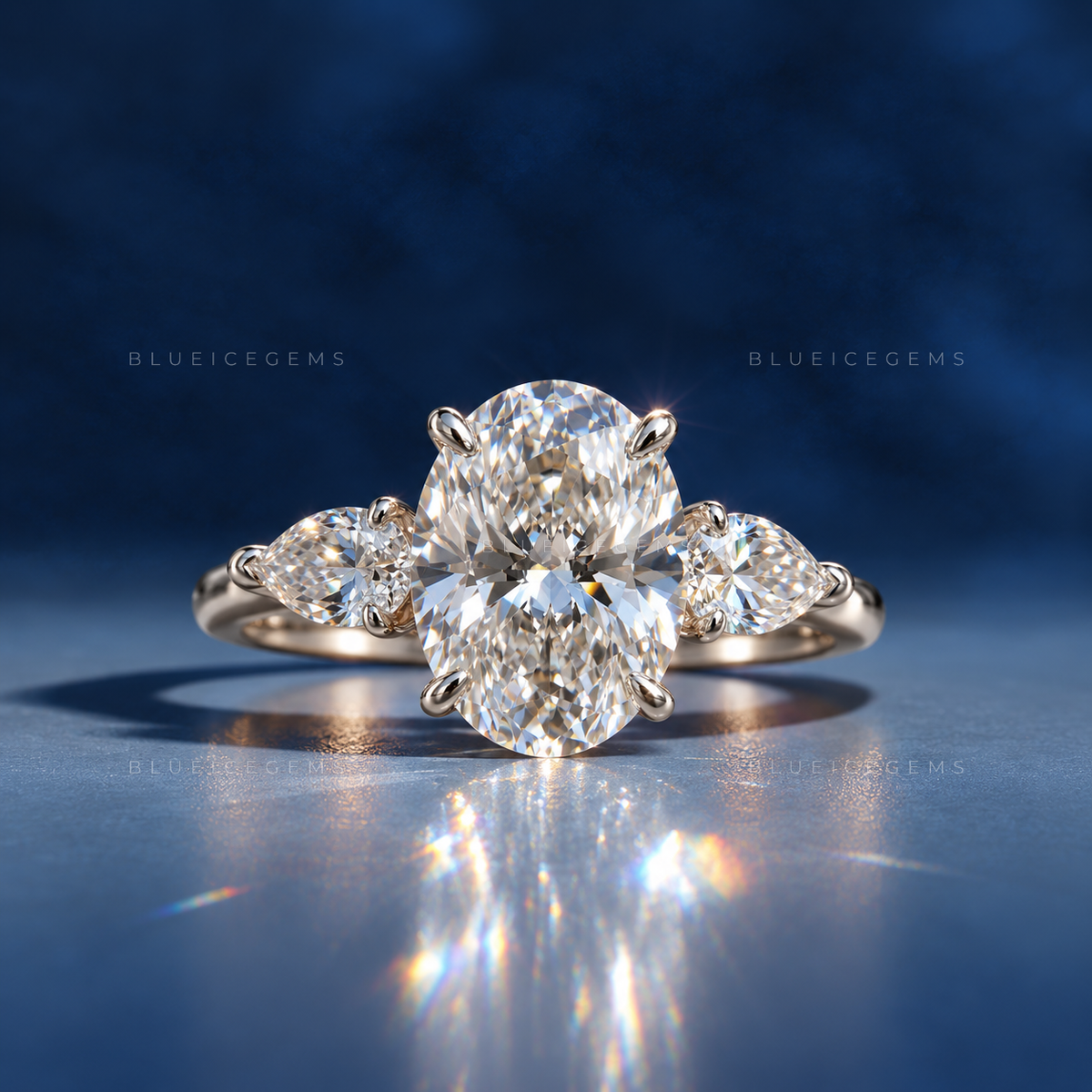 Enchanting Radiance Oval Pear Three Stone Engagement Ring