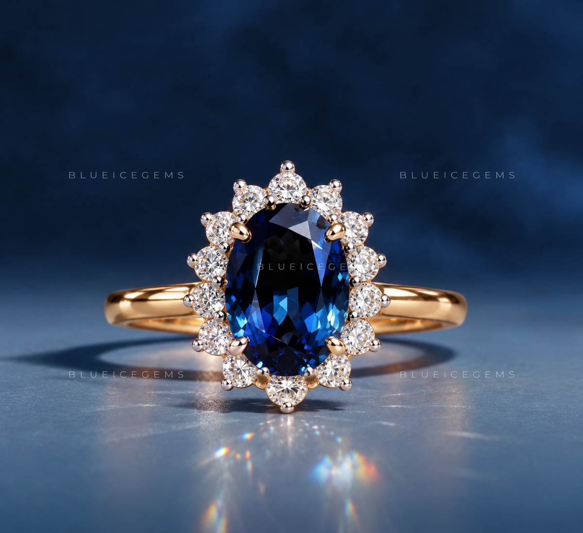 Celestial Azure Blue Topaz and Lab Grown Diamond Halo Ring