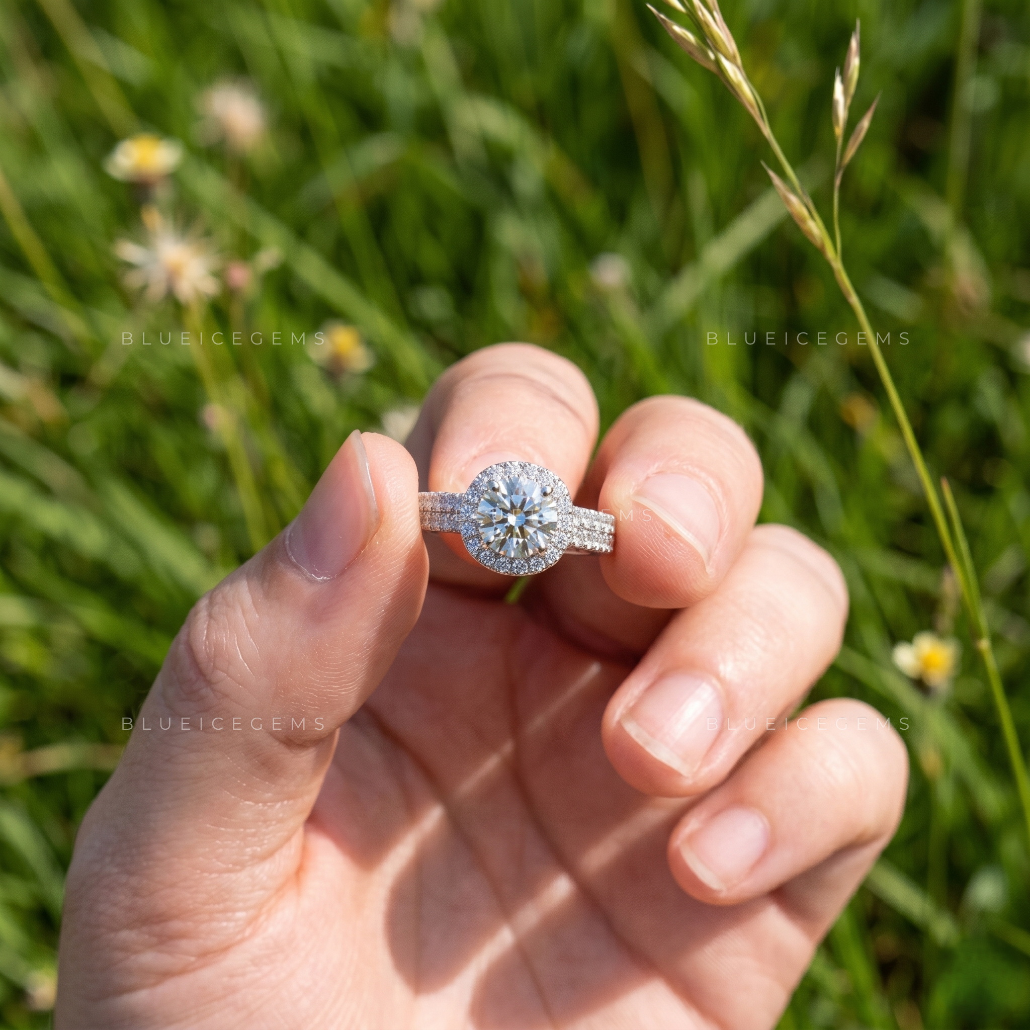 Majestic Splendor Round Brilliant Cut Halo Double Row Pave Engagement Ring