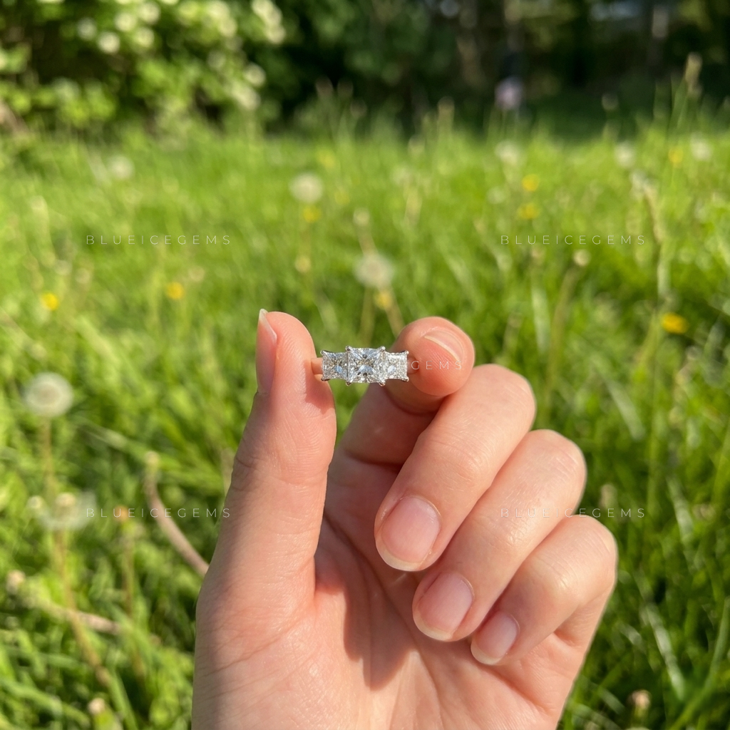Bold Princess Cut Three-Stone Architectural Engagement Band