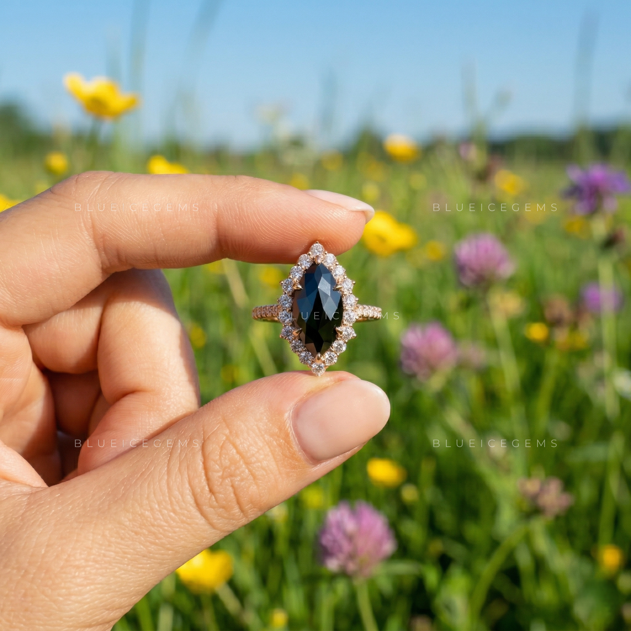 Midnight Botanical Marquise Flower Rose Cut Black Diamond Ring