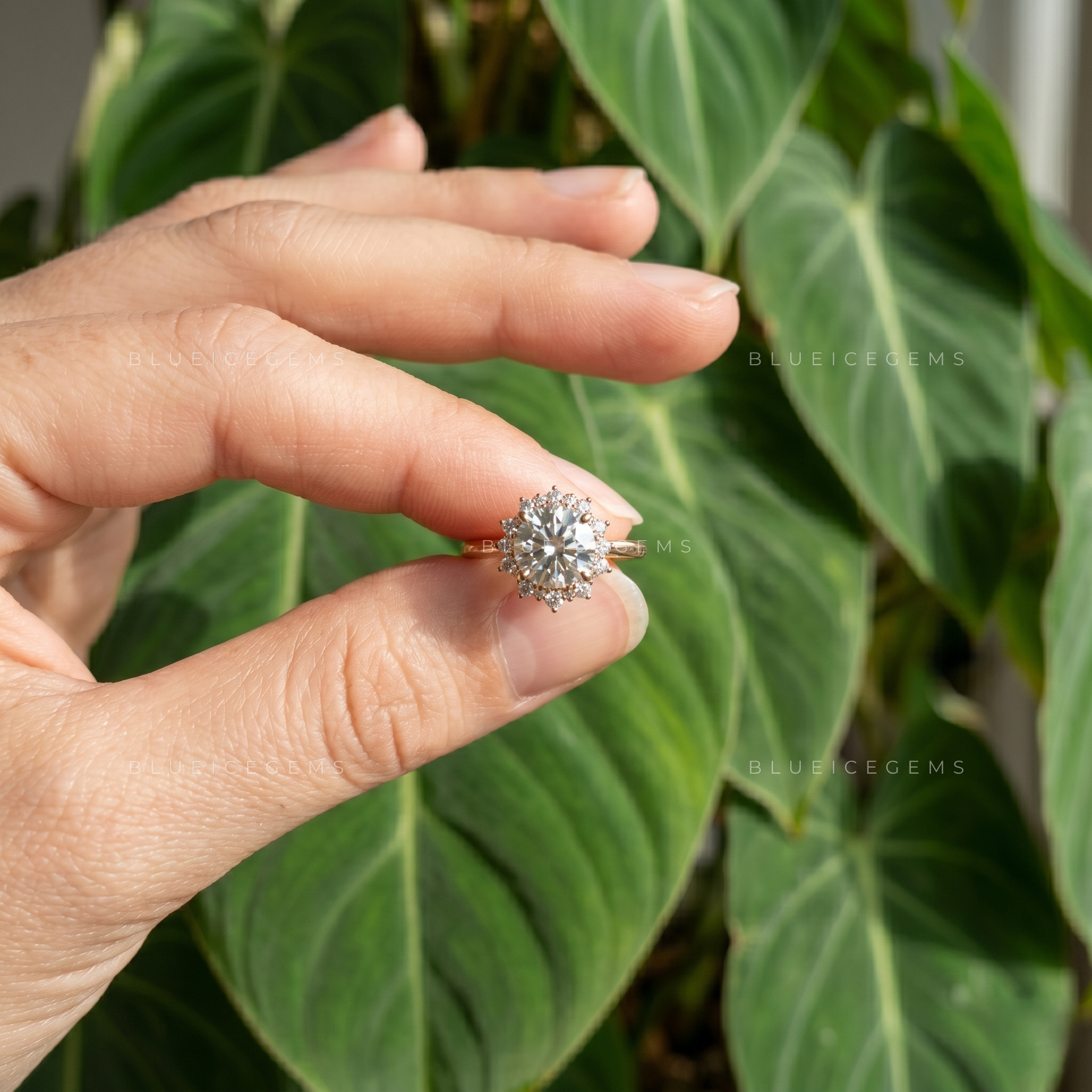 Whimsical Bloom Art Deco Floral Halo Engagement Ring