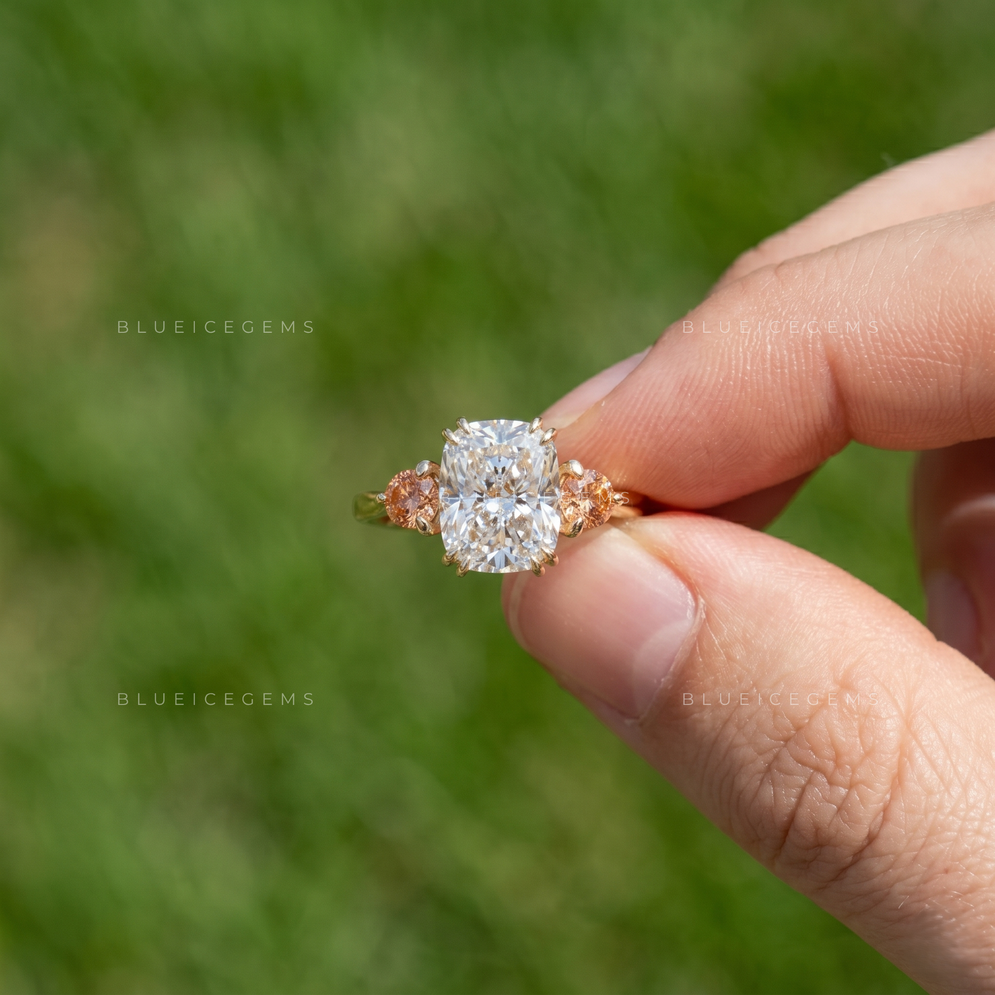 Enchanted Romance Cushion Cut Trilogy Side Peach Morganite Engagement Ring