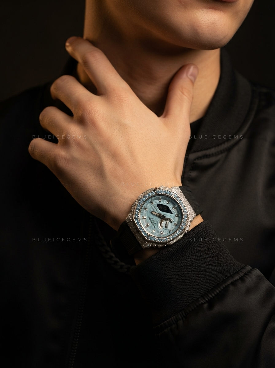 Arctic Azure Royale Watch – Aqua Blue CZ & White Moissanite
