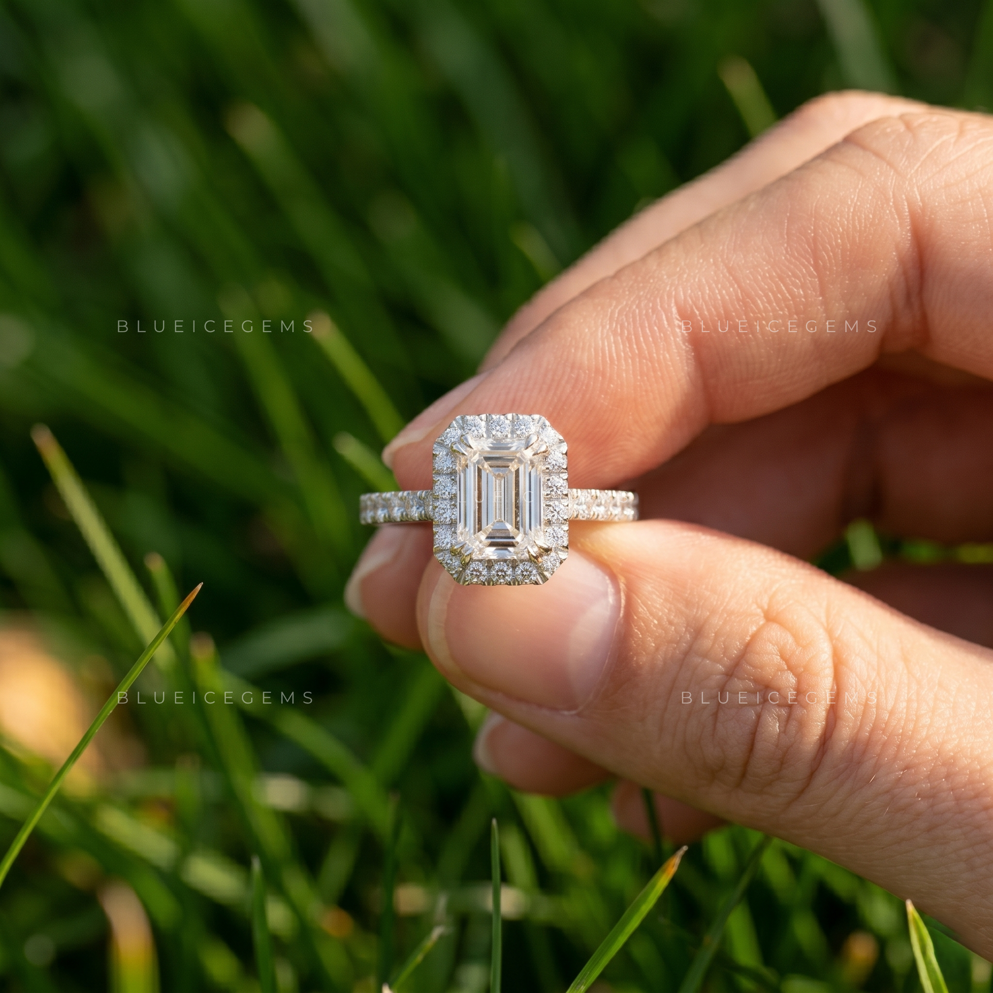 Sophisticated Emerald Cut Halo and Pave Statement Engagement Ring