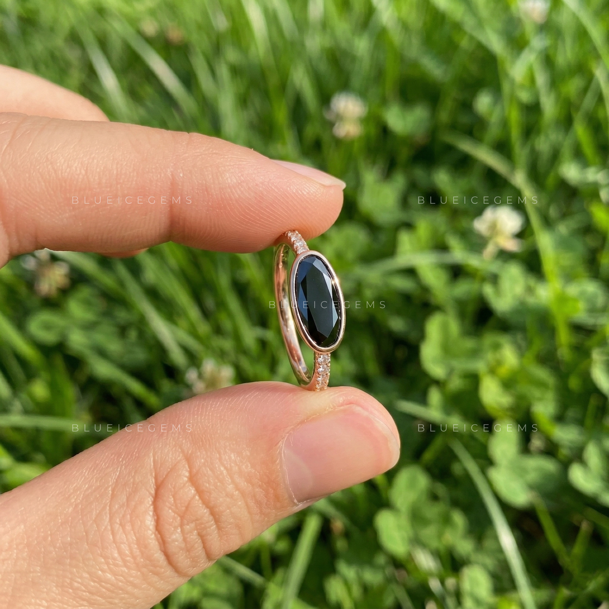 Midnight Noir Moval Cut Black Moissanite Accent Ring