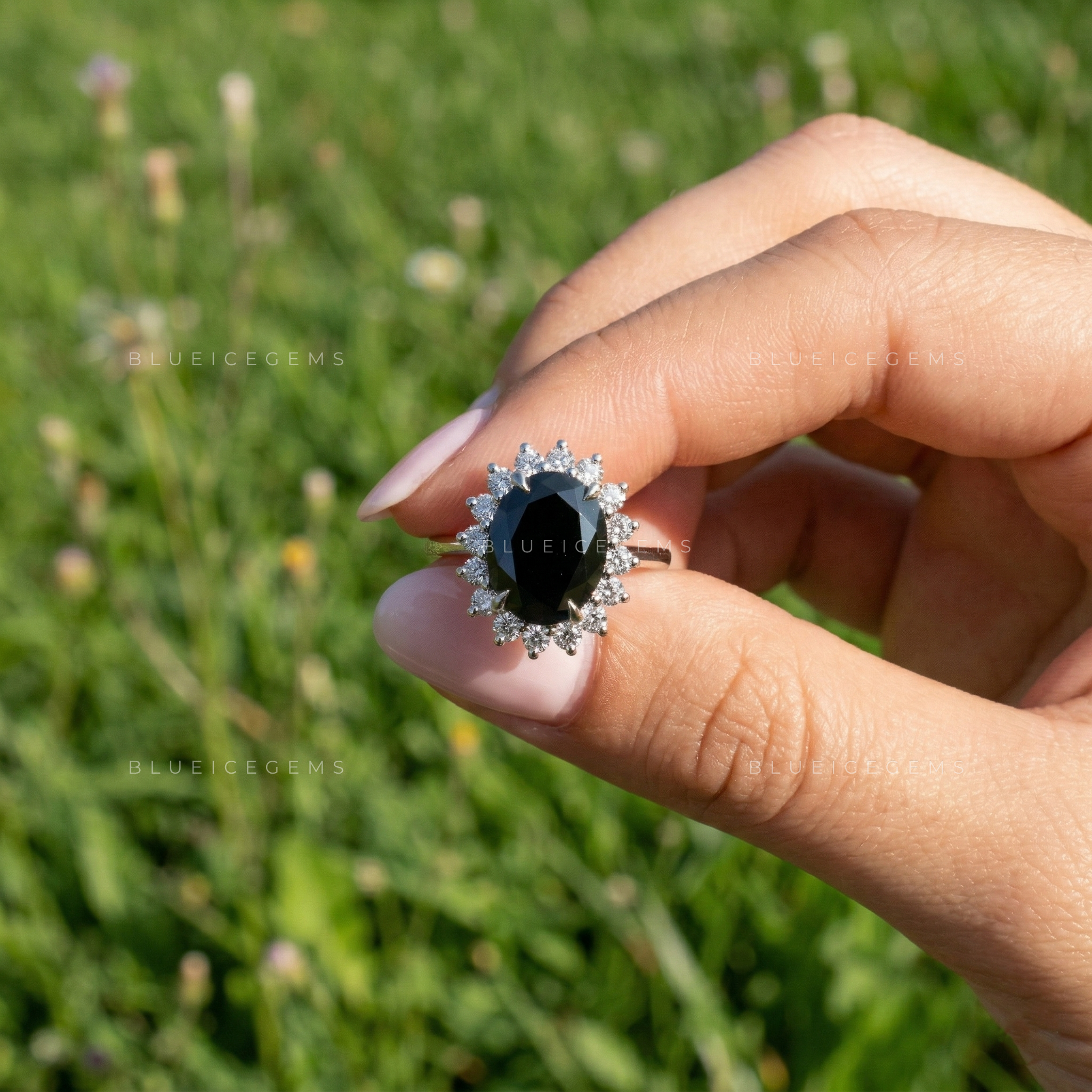Midnight Noir Oval Cut Black Moissanite Hidden Halo Ring