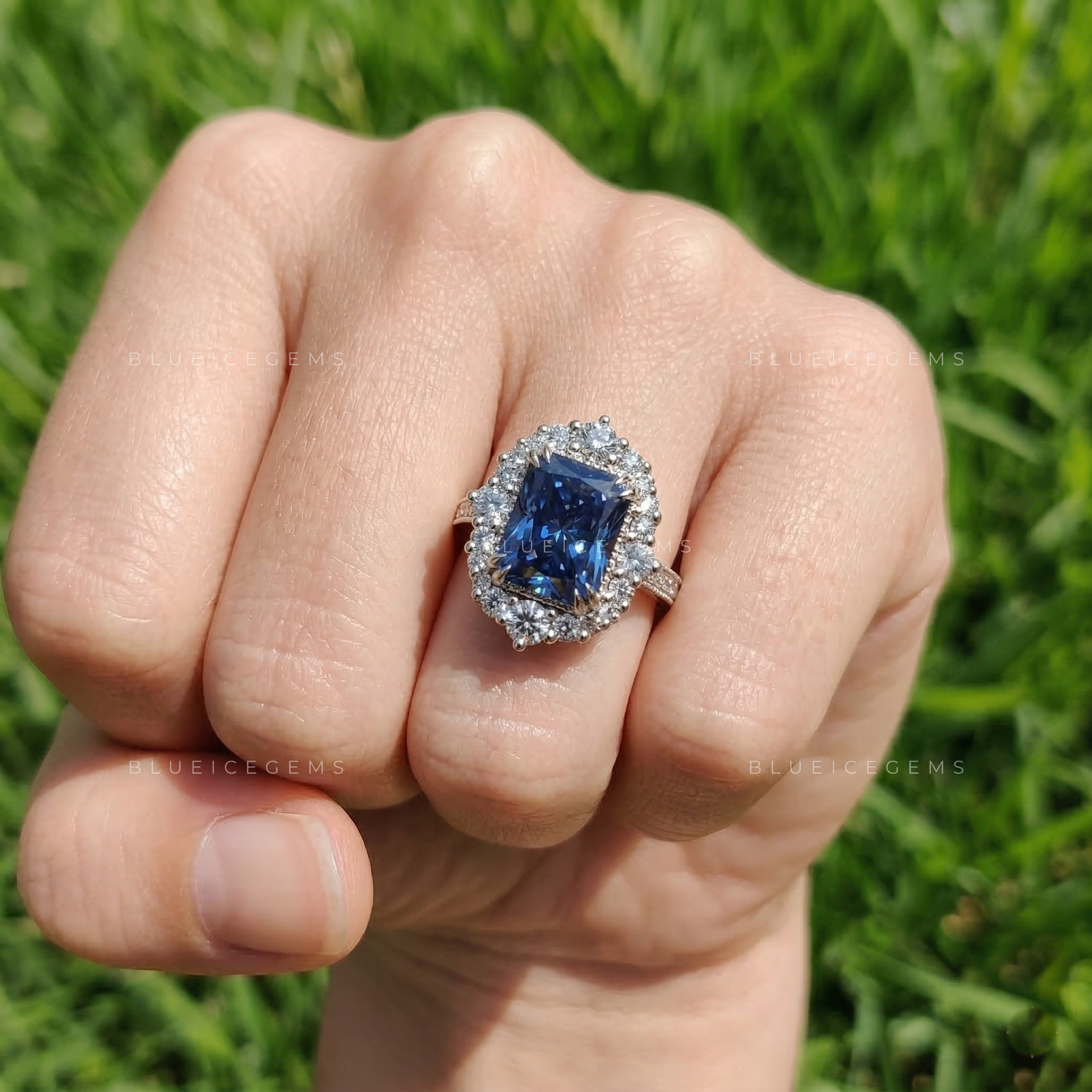 Deep Sea Radiant Cut Blue Moissanite Pavé Ring