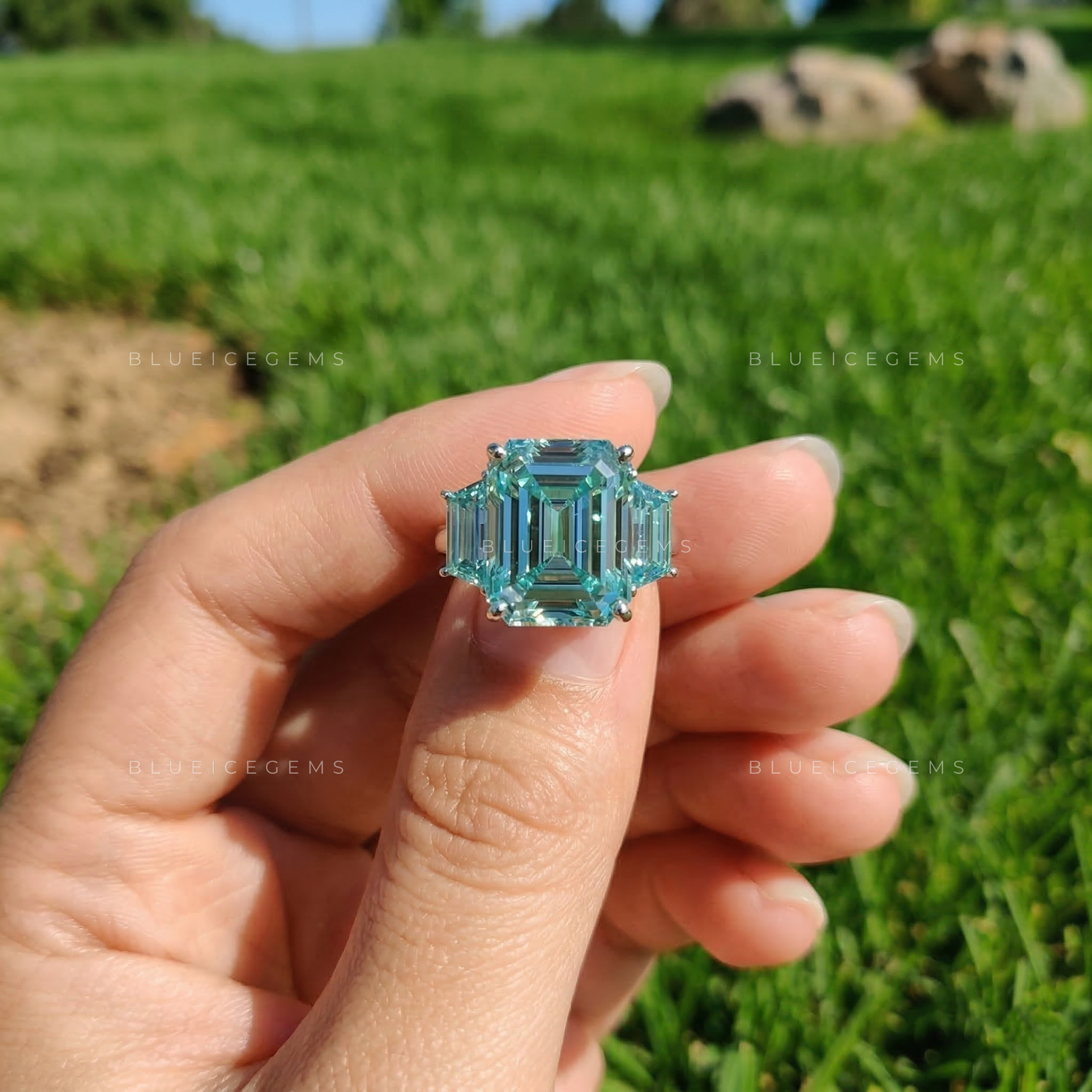 Royal Azure Emerald Cut Celebrity Style Statement Ring