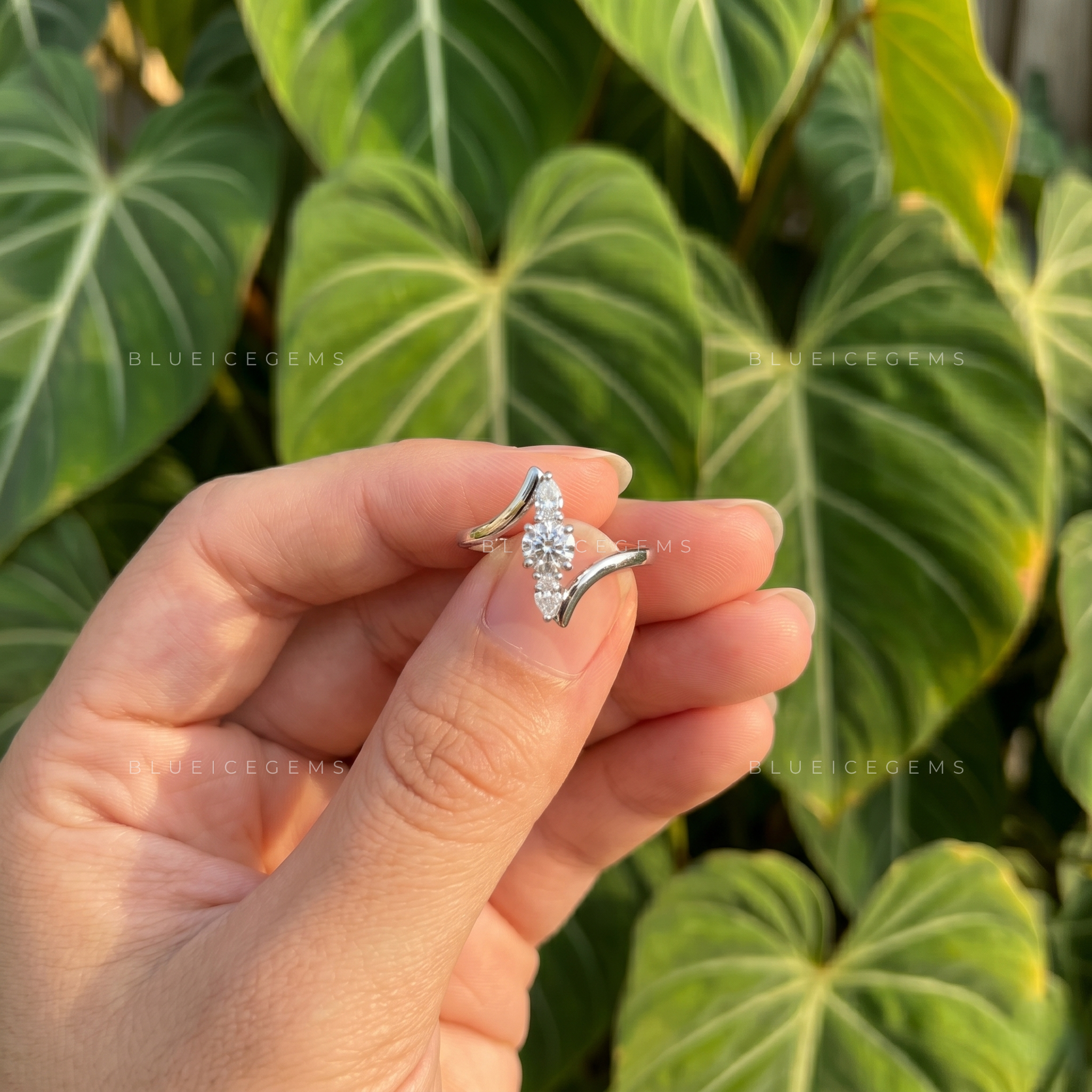 Modern Cascade Vertical Bar Three Stone Bypass Ring