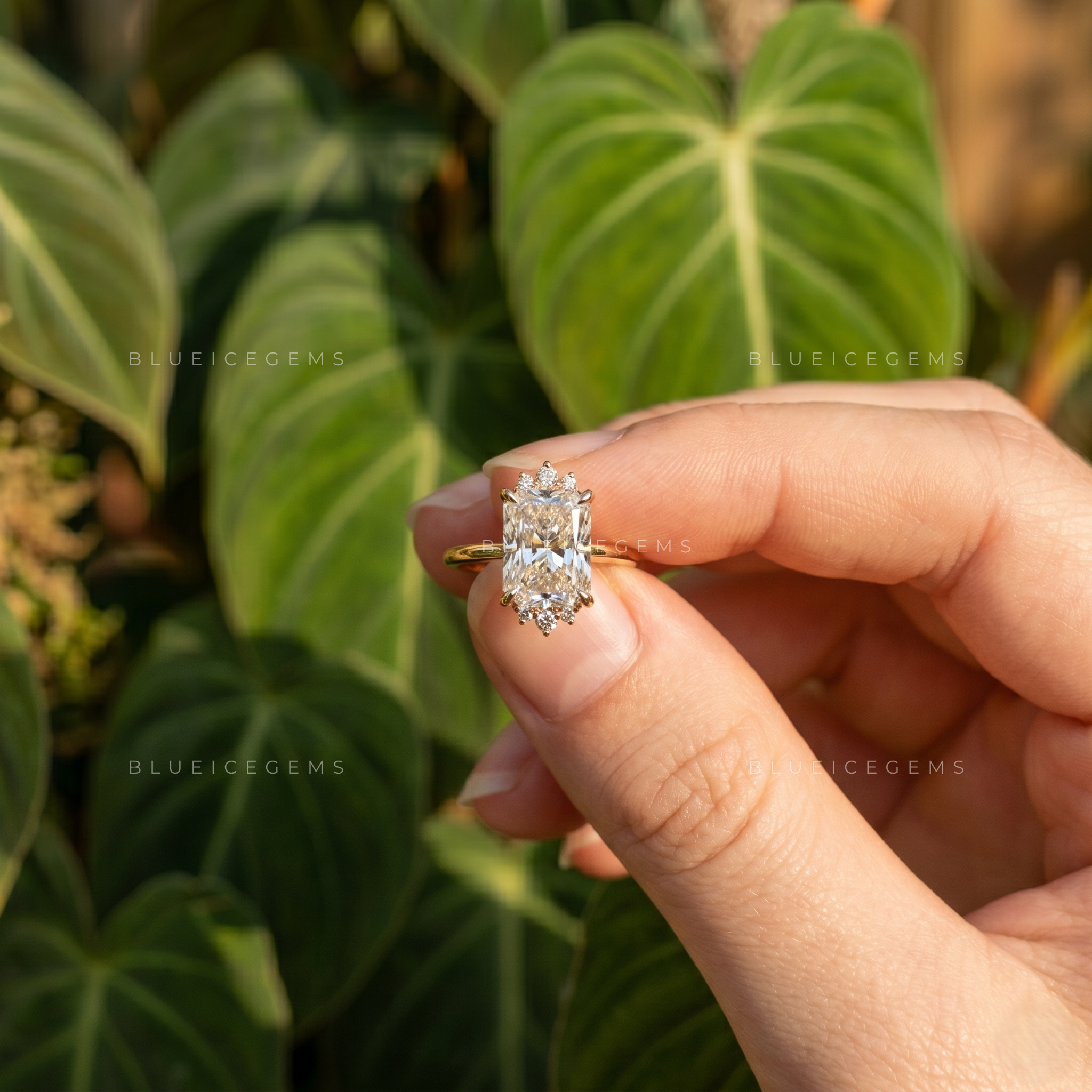 Exquisite Sparkle Elongated Radiant Cut Cluster Solitaire Engagement Ring