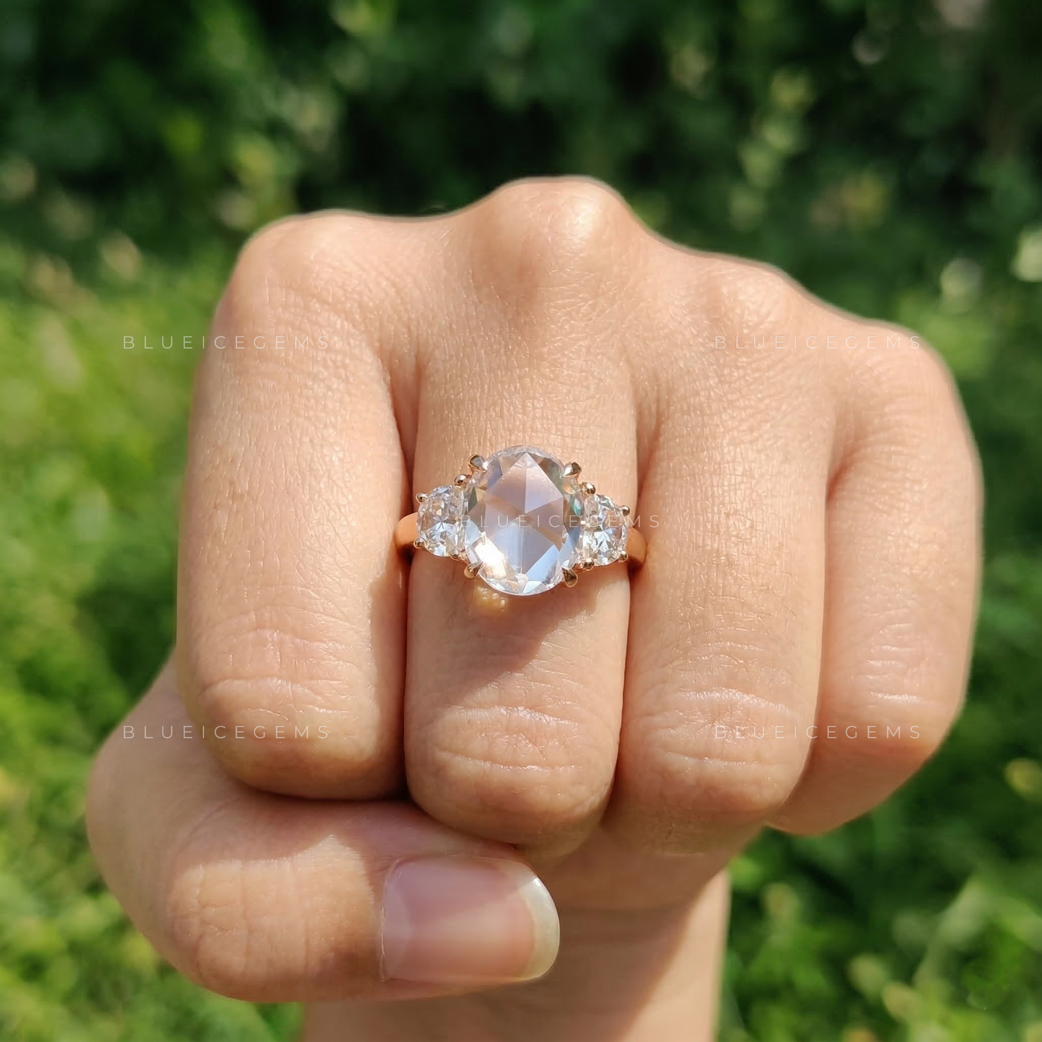 Vintage Oval Rose Cut Half Moon Trilogy Ring