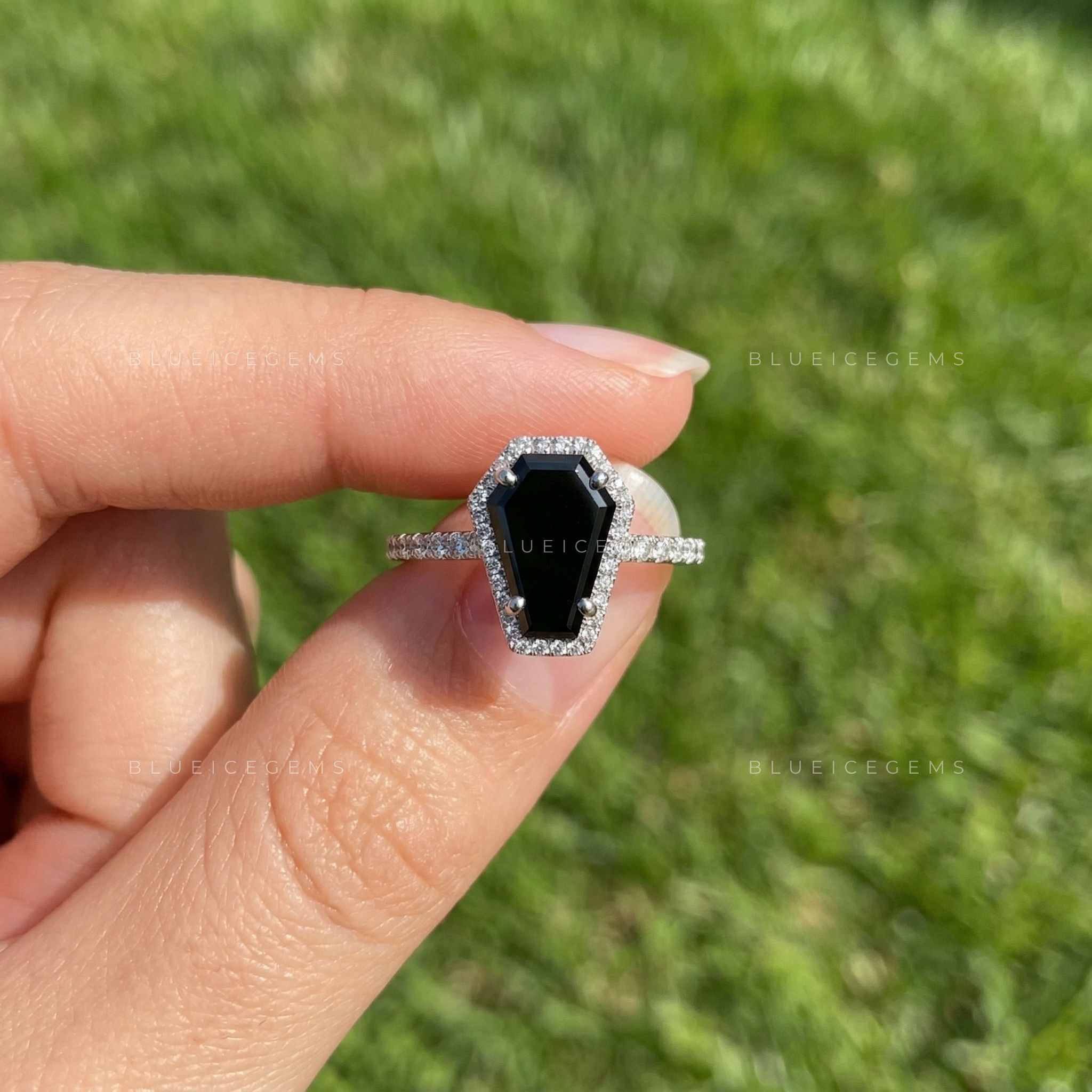 Midnight Noir Coffin Cut Black Moissanite Halo Engagement Ring