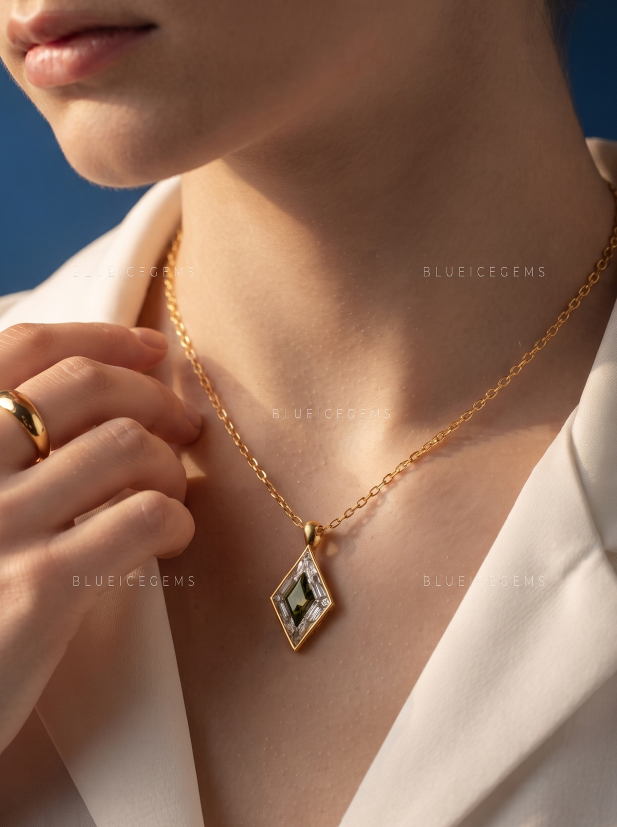 Lozenge Cut White and Emerald Green Diamond Pendant