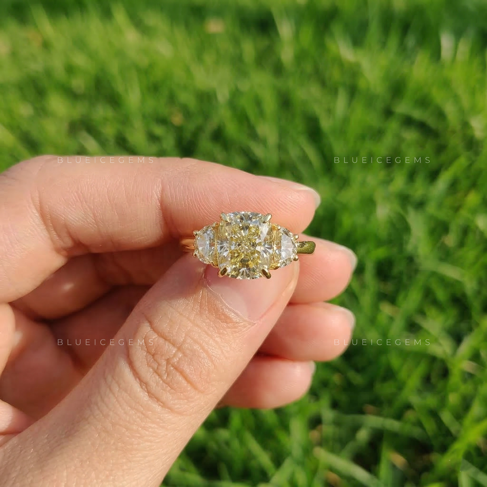 Golden Glow Cushion Cut Half Moon Trilogy Ring