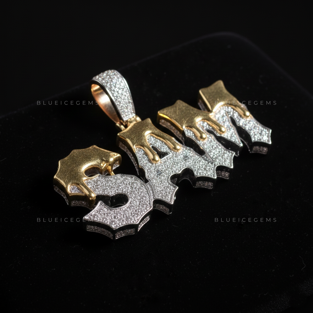 "SAM" Custom Two-Tone Iced-Out Pendant with Liquid Drip Detail
