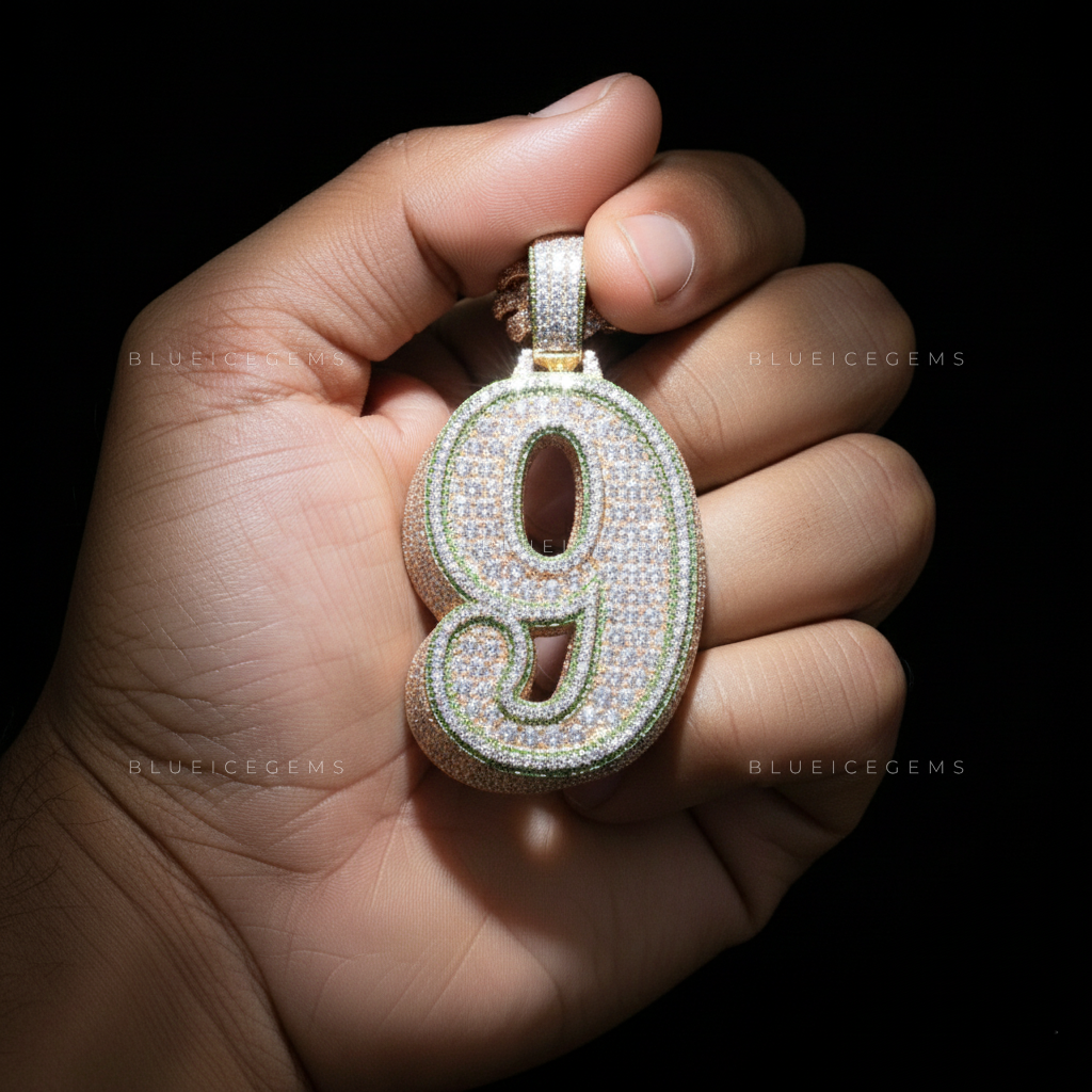 The "NUMBER 9" Emerald Contour: Two-Tone Curvature & Iced-Out Numerology Pendant