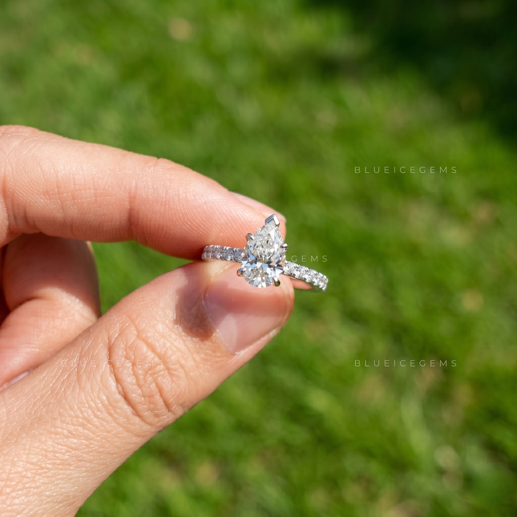 Graceful Radiance Pear Cut Solitaire Engagement Ring with Brilliant Accent Stones Anniversary Promise Band