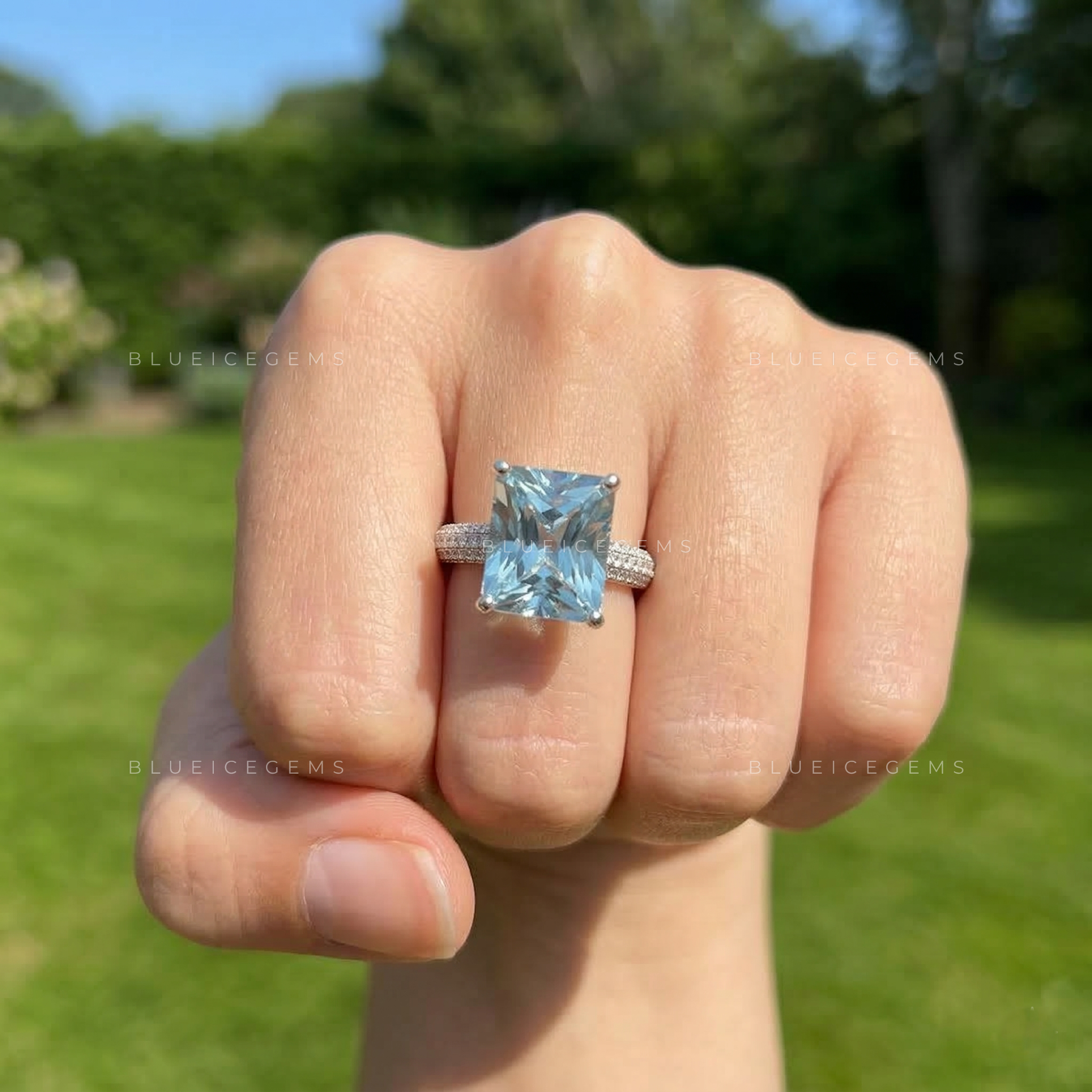 Ocean Mist Radiant Cut Aquamarine Pavé Ring