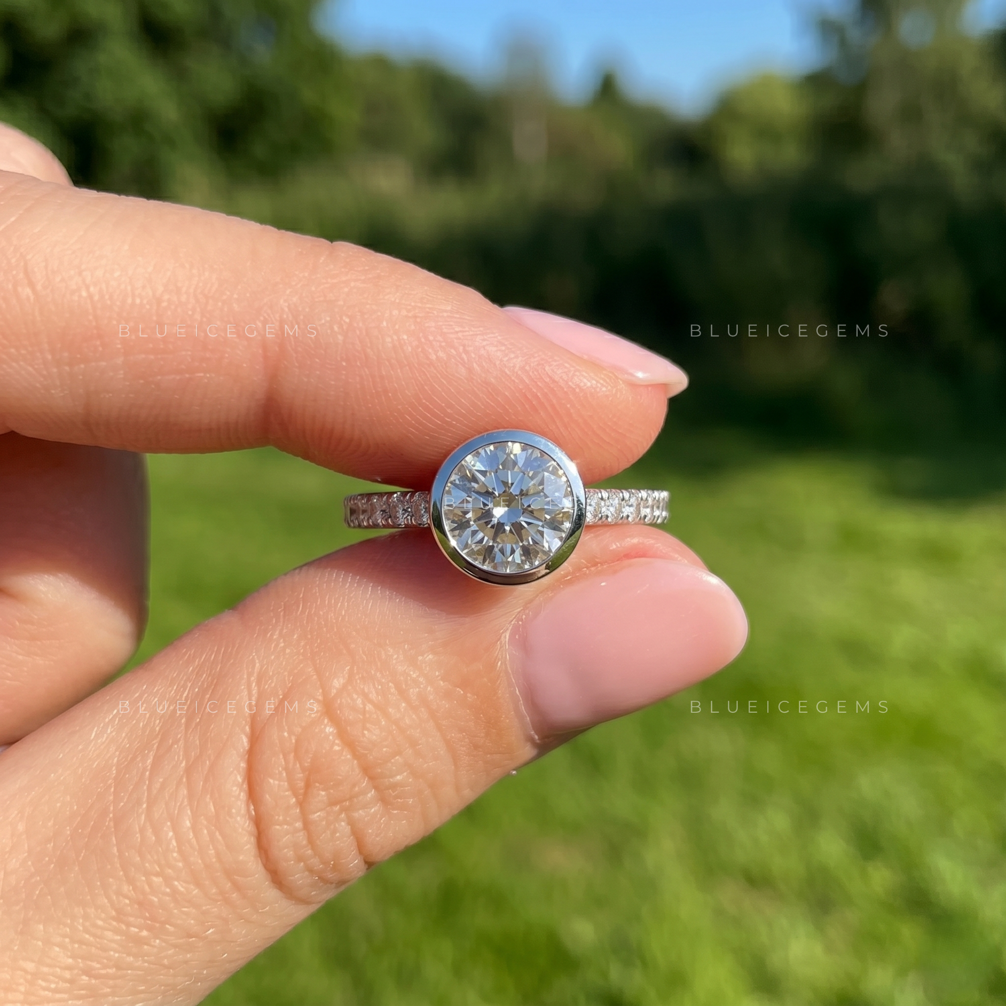 Modern Radiance Round Brilliant Cut Bezel Set Solitaire Accent Engagement Ring