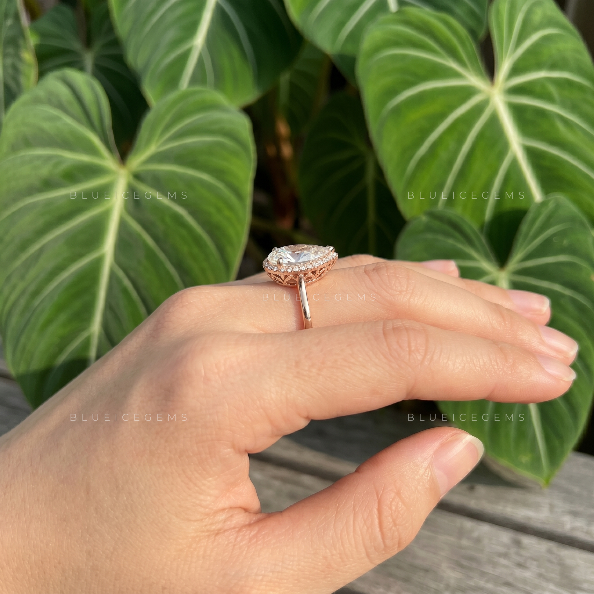 Nature Inspired Pear Cut Hidden Halo Leaf Prong Engagement Ring