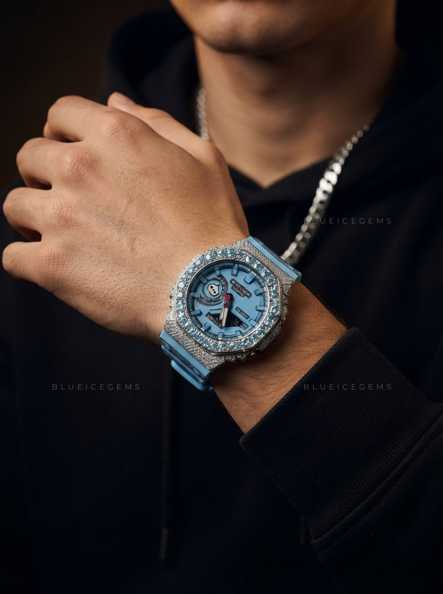 Blue Glacier Prestige Watch – Aqua Blue CZ & White Moissanite