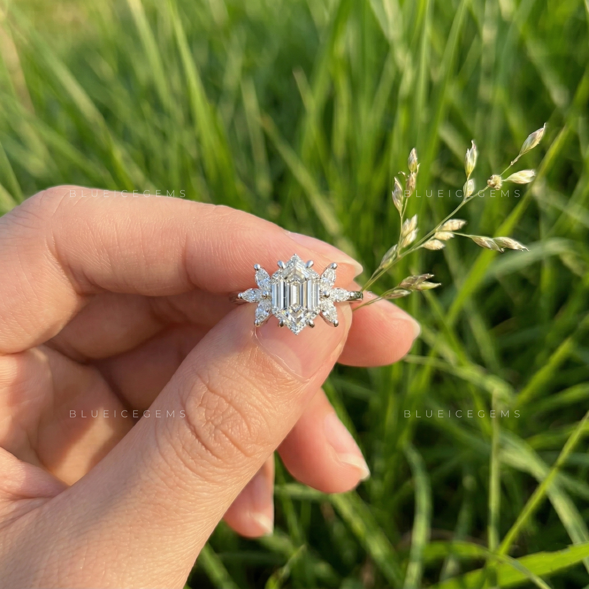 Architectural Radiance Hexagon Step Cut Floral Engagement Ring