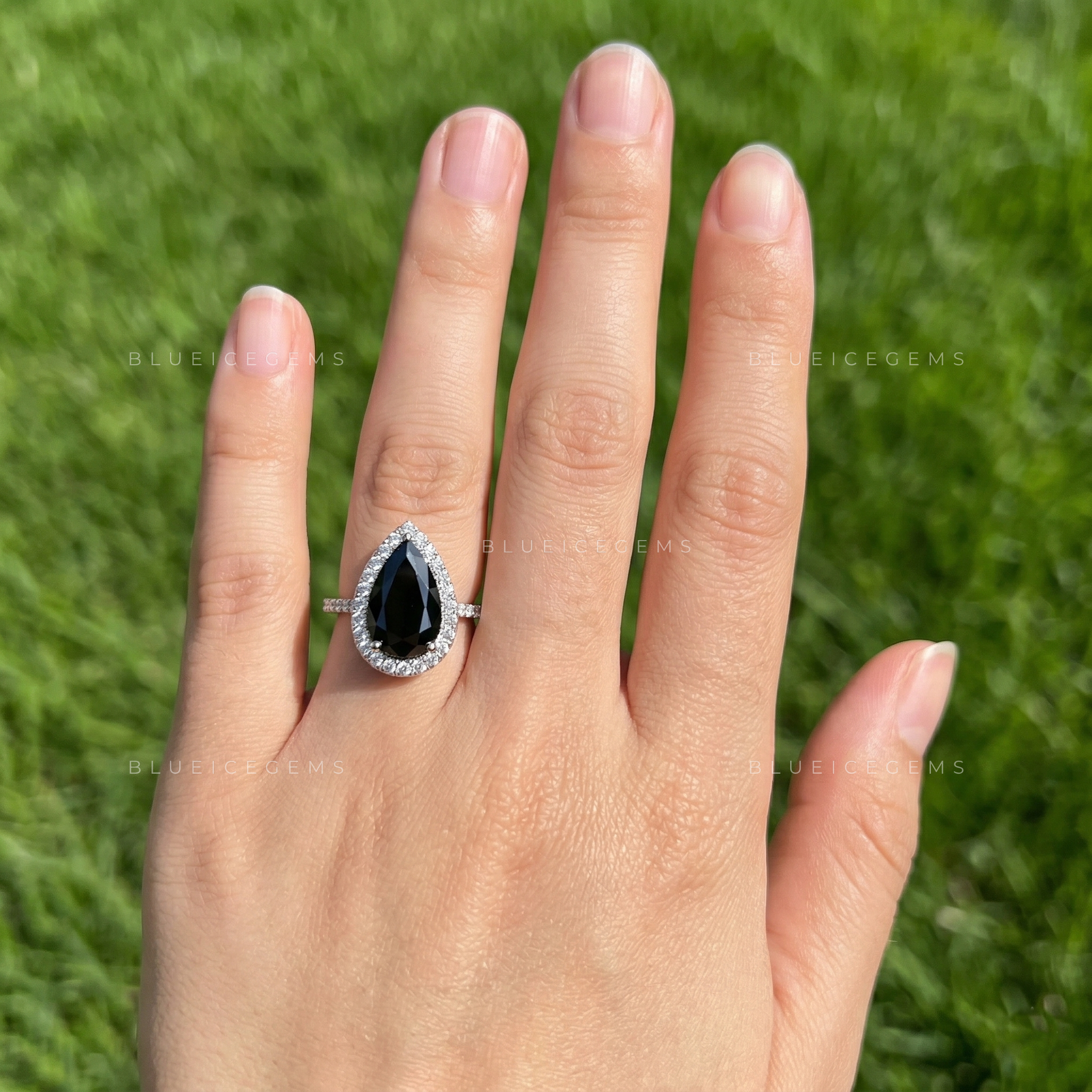 Midnight Eclipse Pear Cut Moissanite Pavé Engagement Ring
