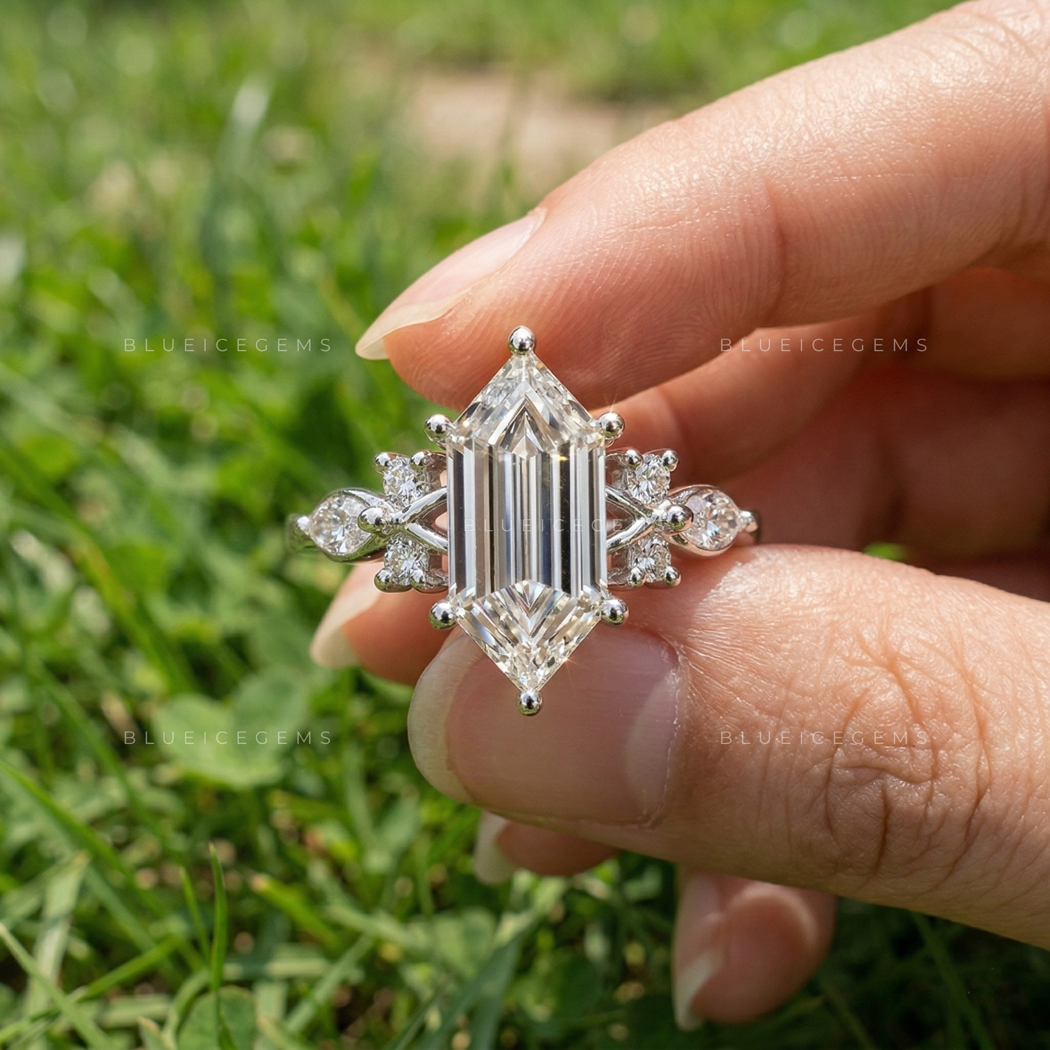 Architectural Radiance Hexagon and Marquise Floral Engagement Ring