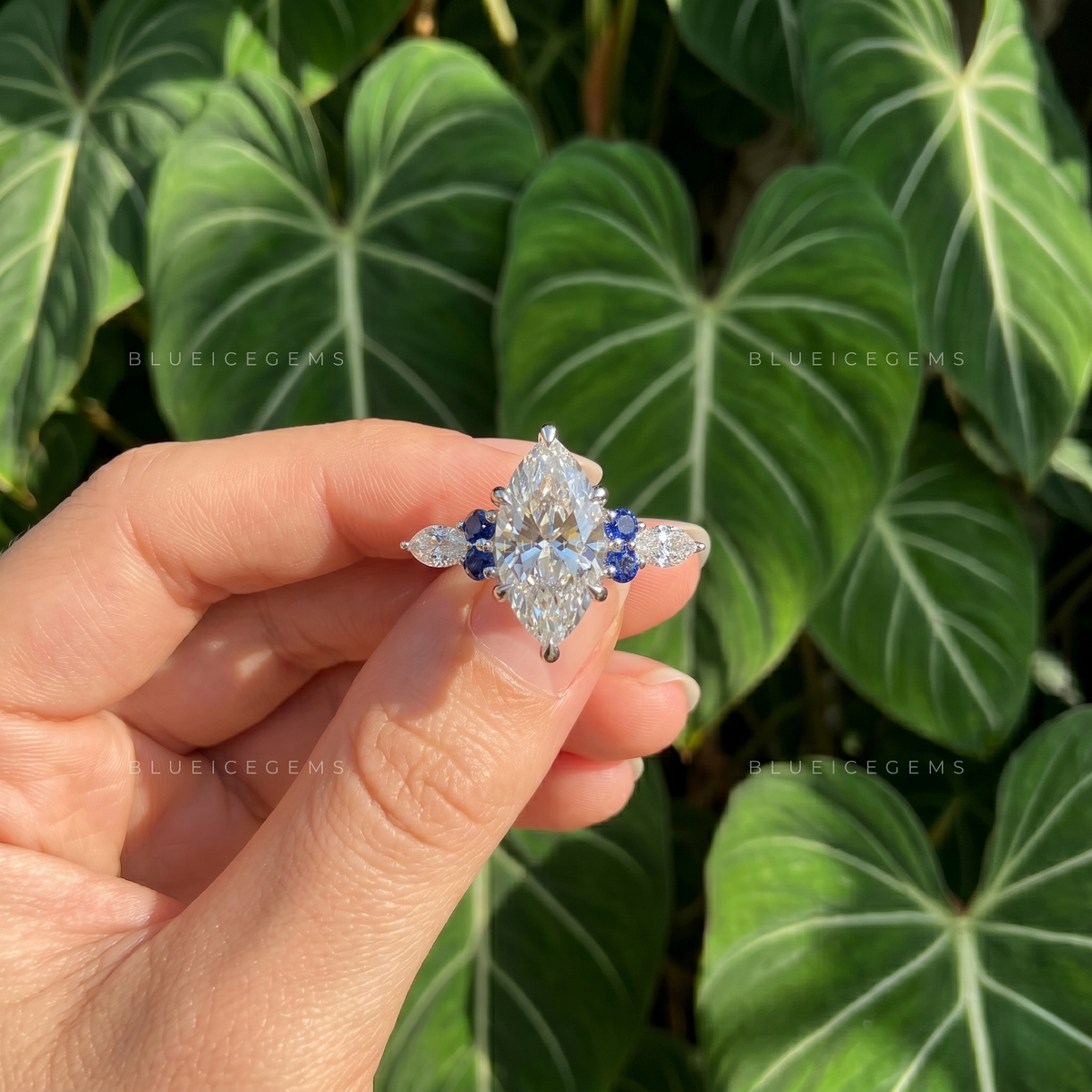 Royal Sapphire Splendor Marquise Cut Three-Stone Accent Ring