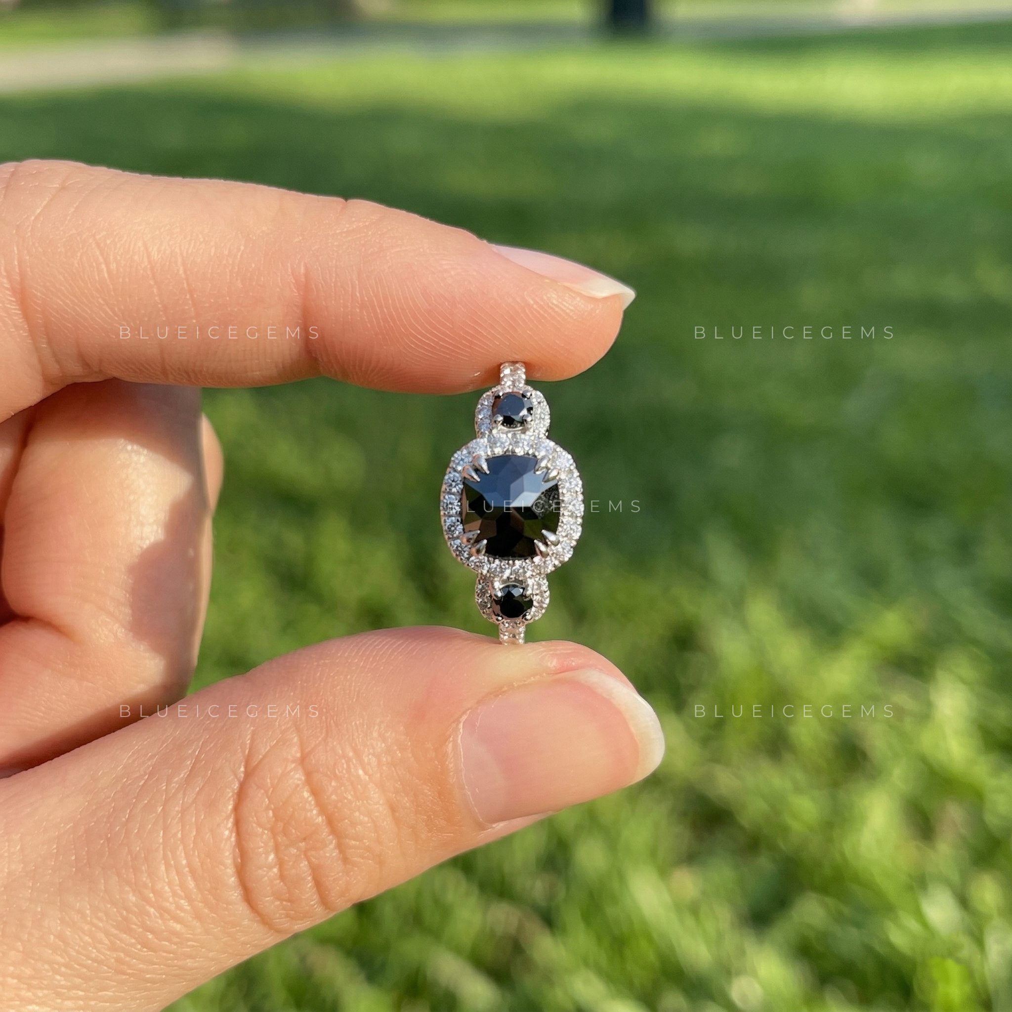 Midnight Noir Flower Cushion Cut Black Diamond Vintage Halo Ring