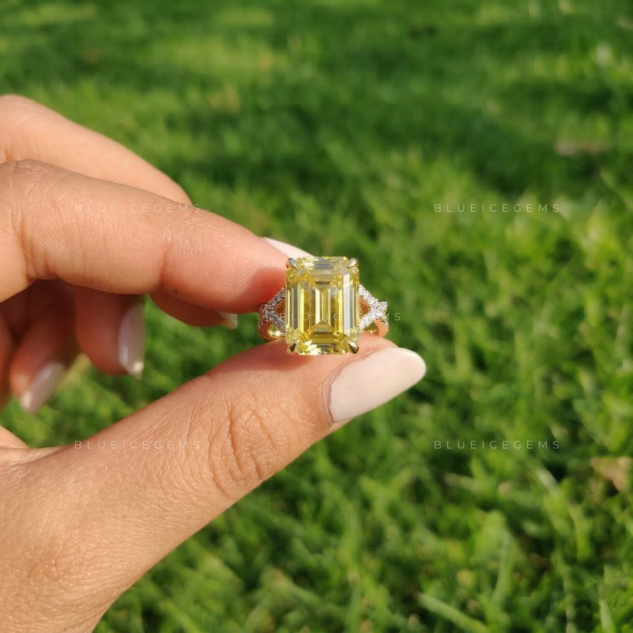 Golden Canary Emerald Cut Split Shank Ring