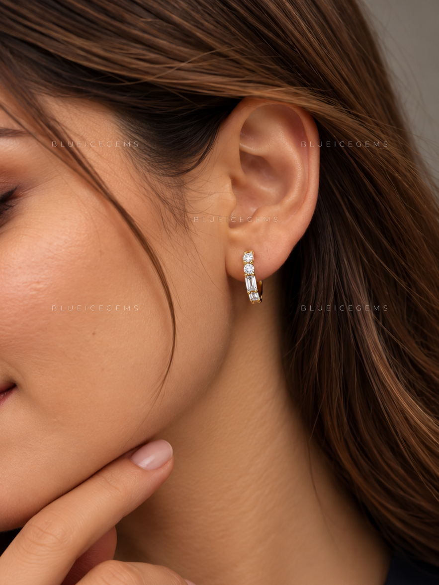 Twisted Baguette and Round Hoop Earrings