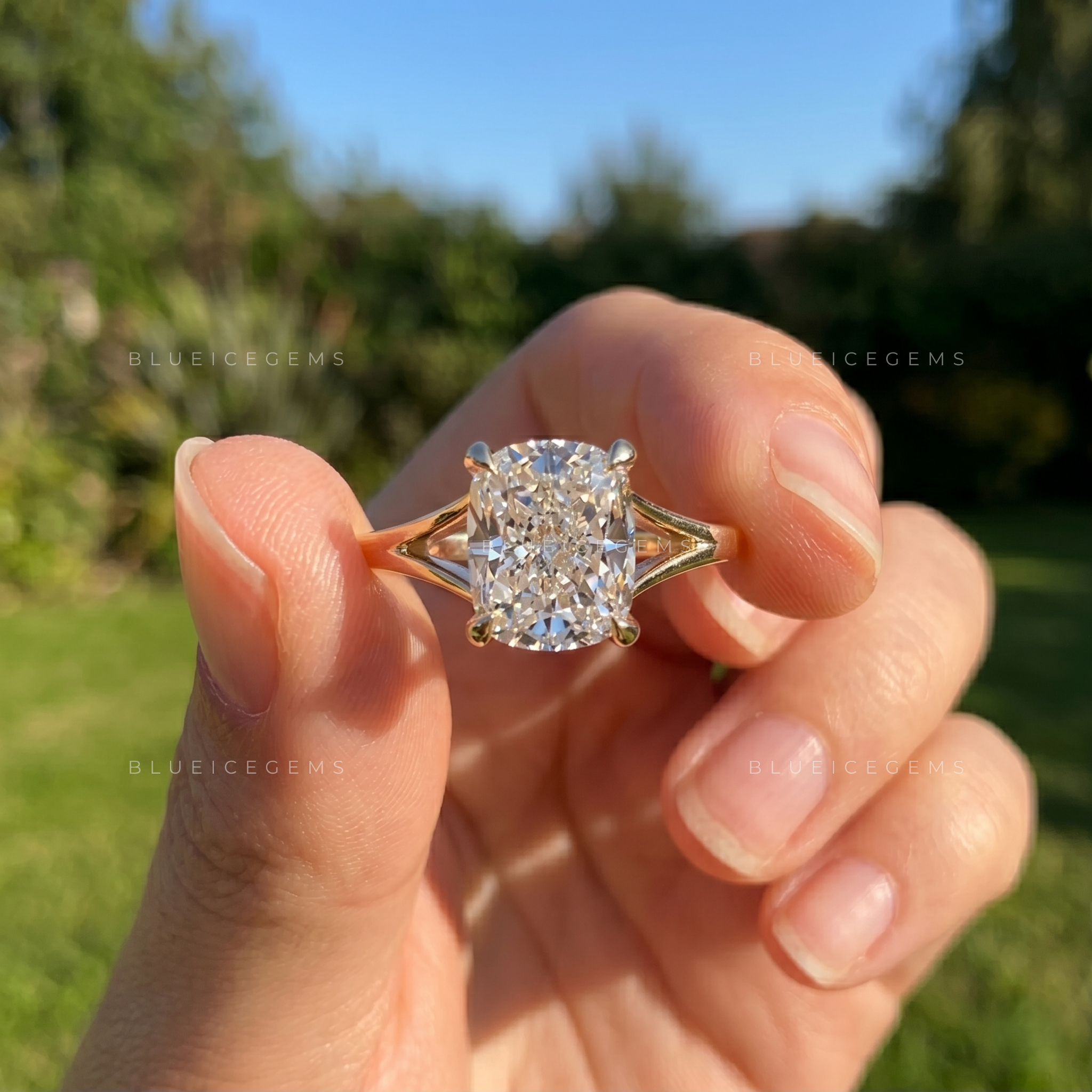 Refined Elongated Cushion Cut Split Band Solitaire Keepsake Ring