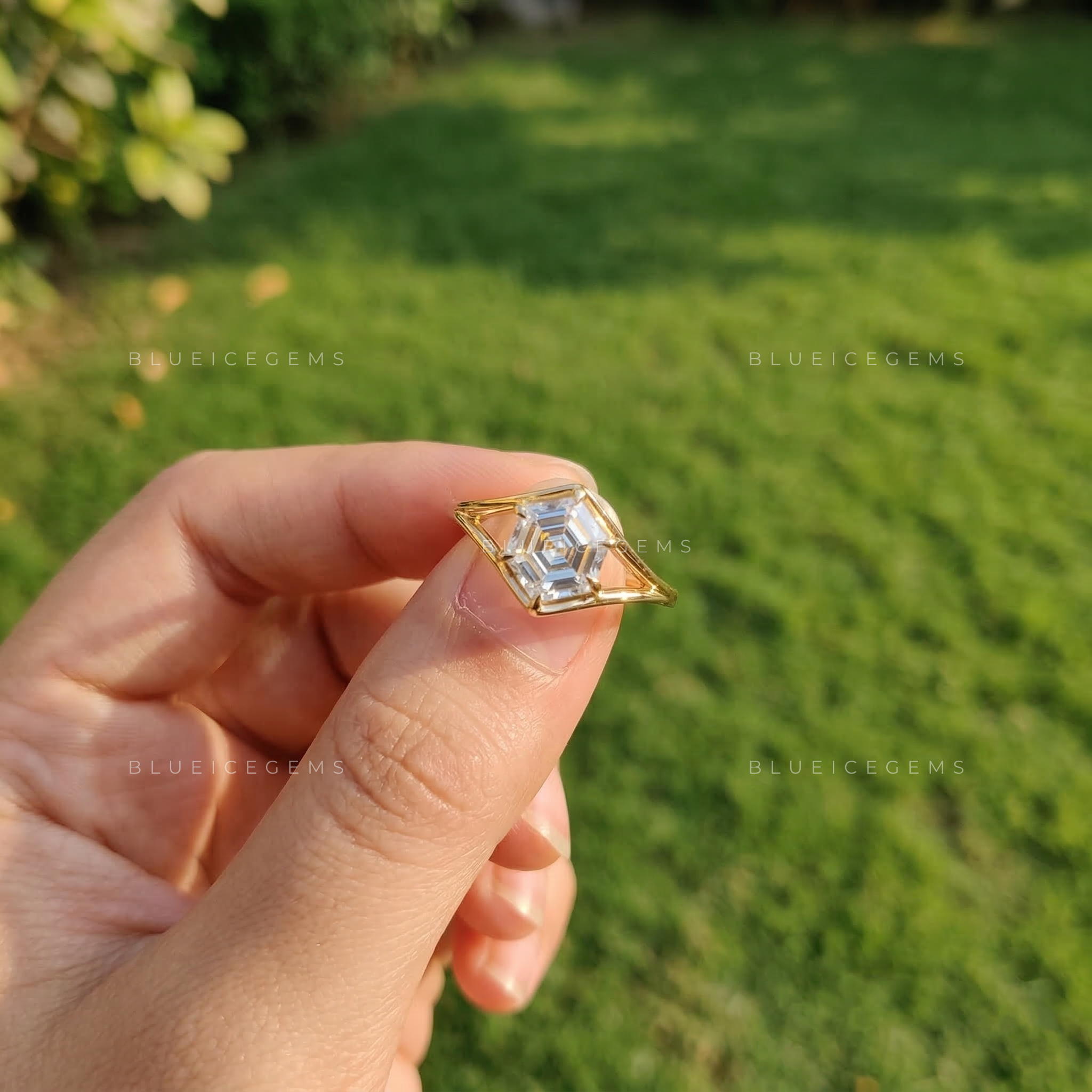 Geometric Essence Hexagon Step Cut Six Prong Ring