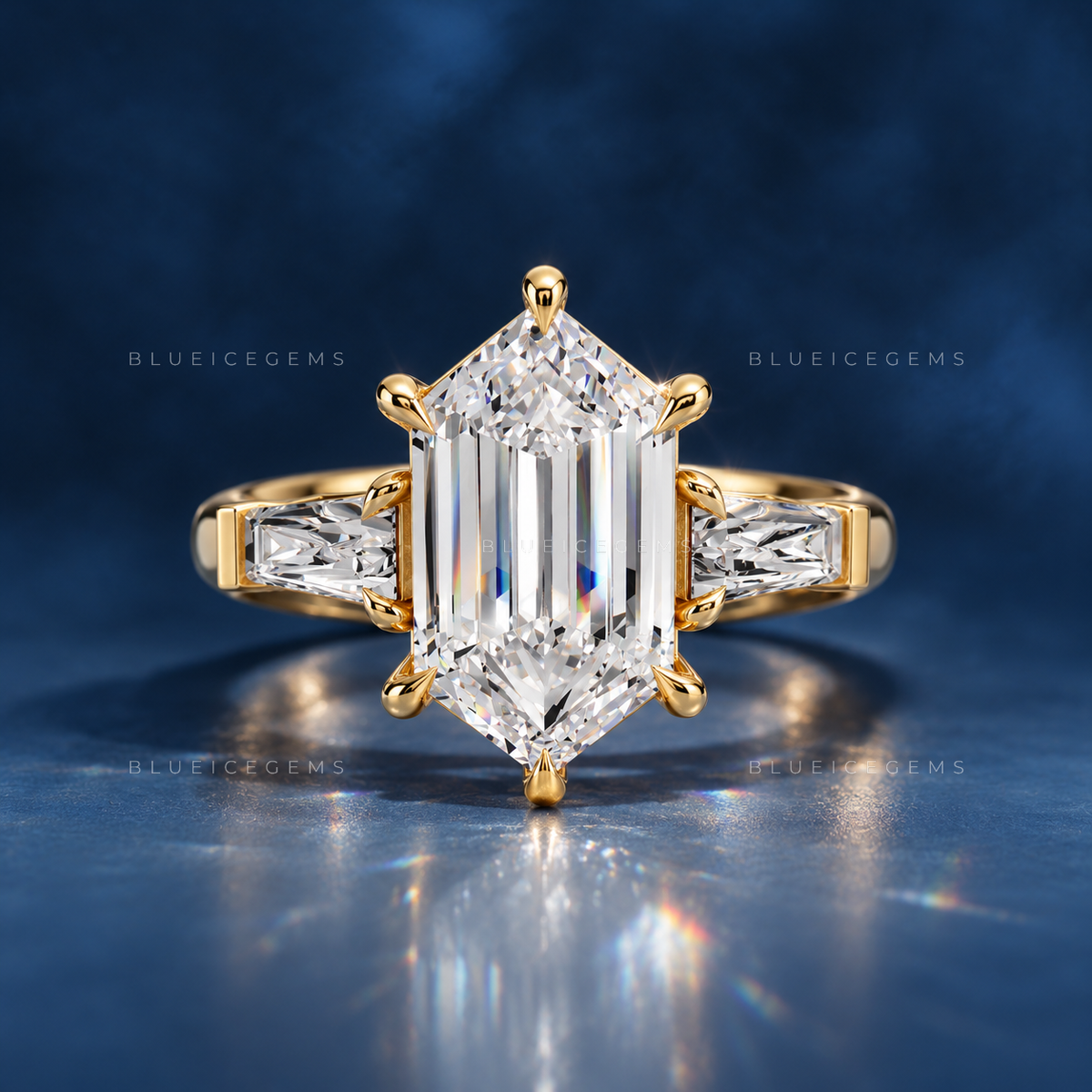 Evermore Elongated Hexagon Three-Stone Engagement Ring