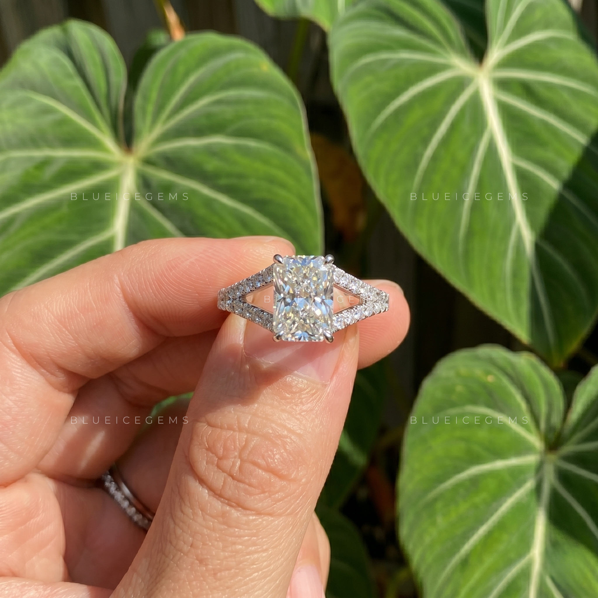 Architectural Grace Radiant Cut Split Shank Cathedral Engagement Ring
