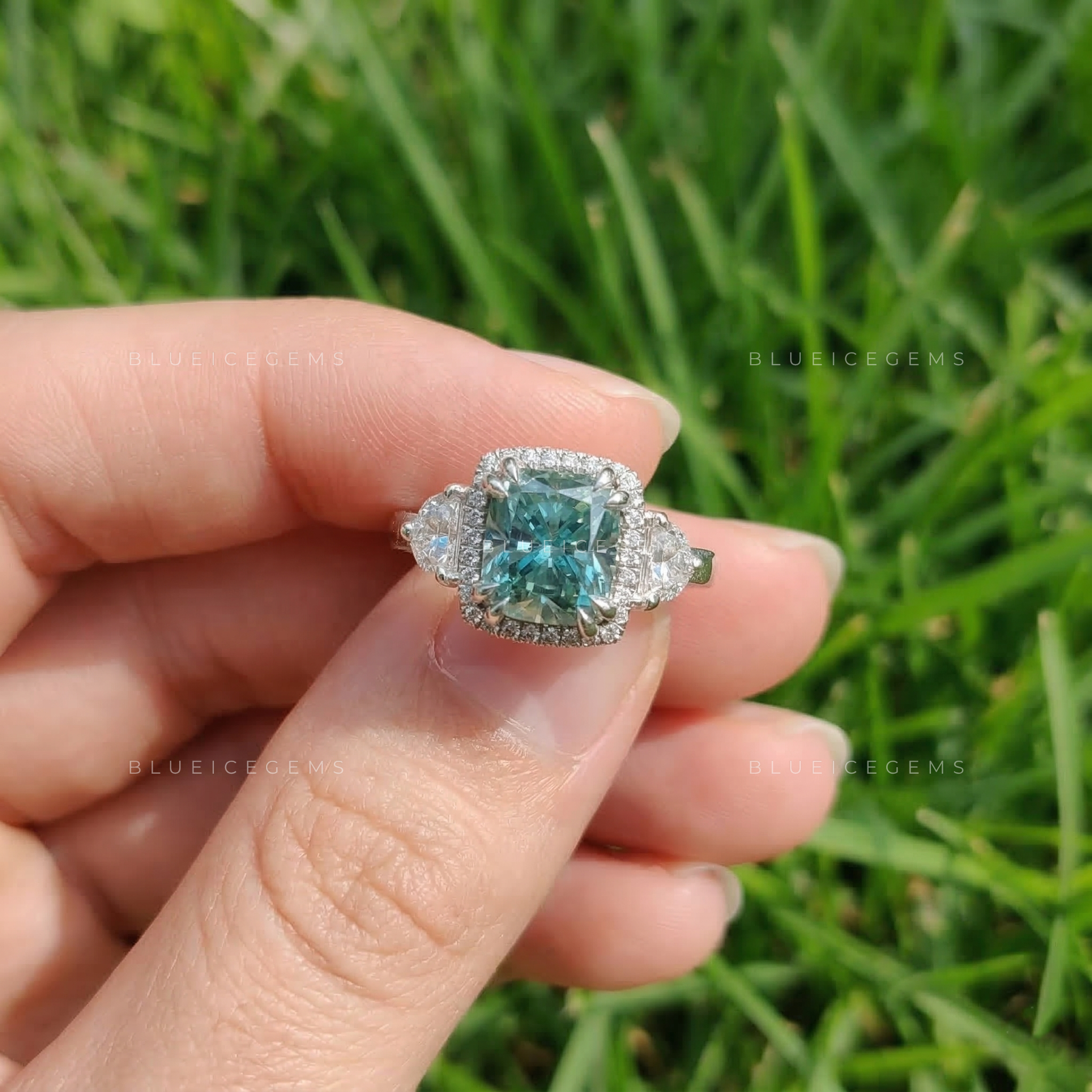 Azure Serenity Cushion and Halfmoon Five-Stone Ring