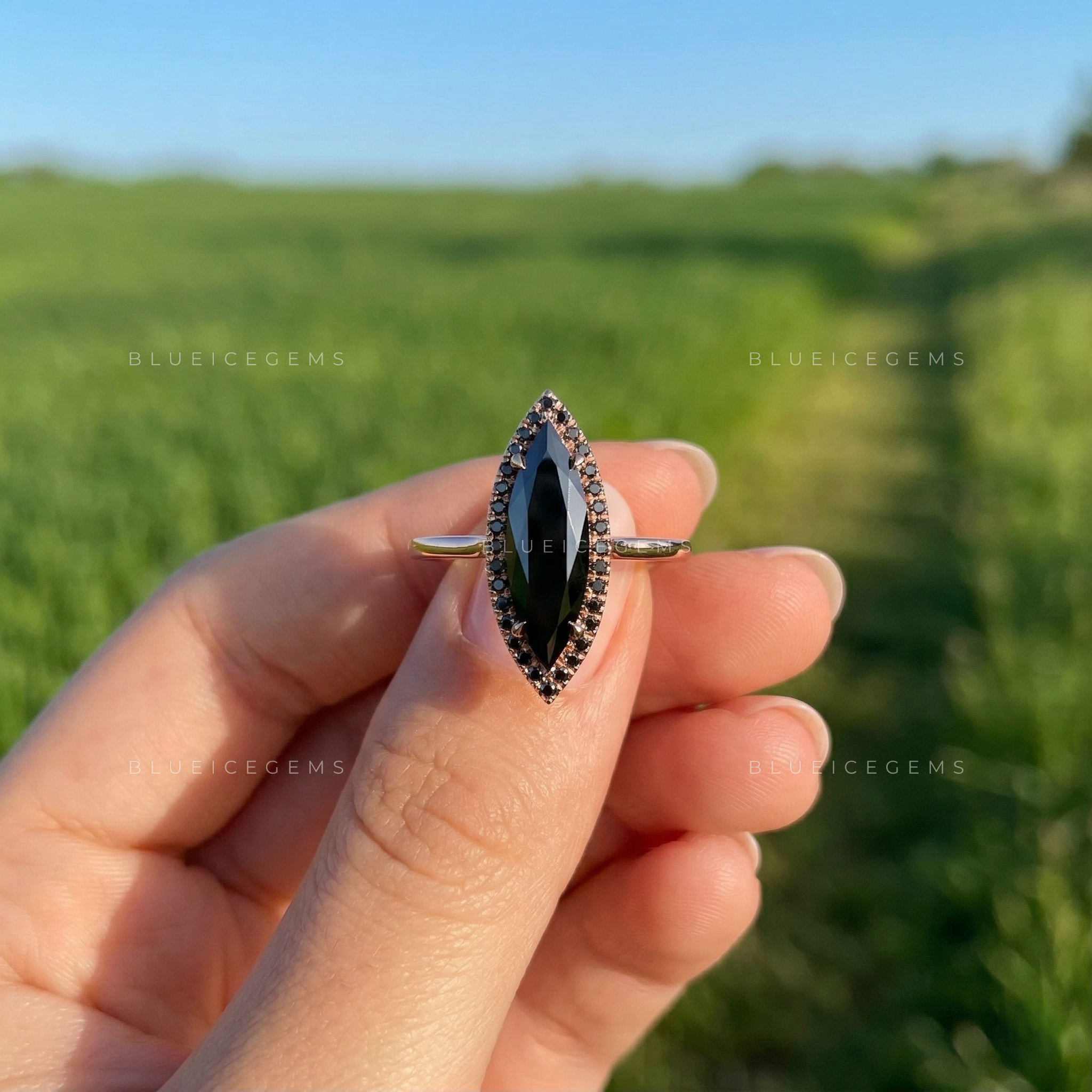 Midnight Noir Long Marquise Black Moissanite Accent Ring