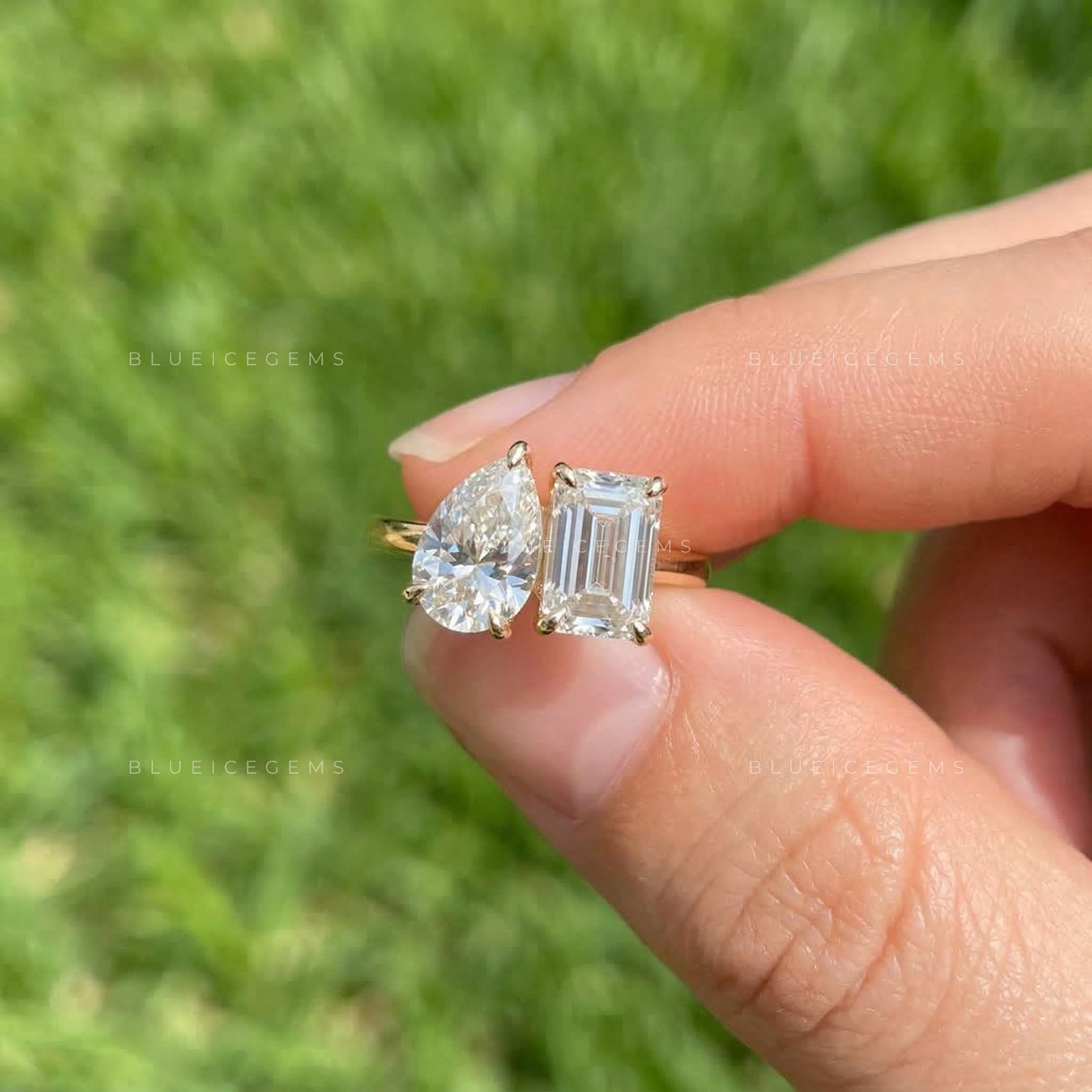 Celestial Tear Pear and Emerald Cut Trilogy Ring