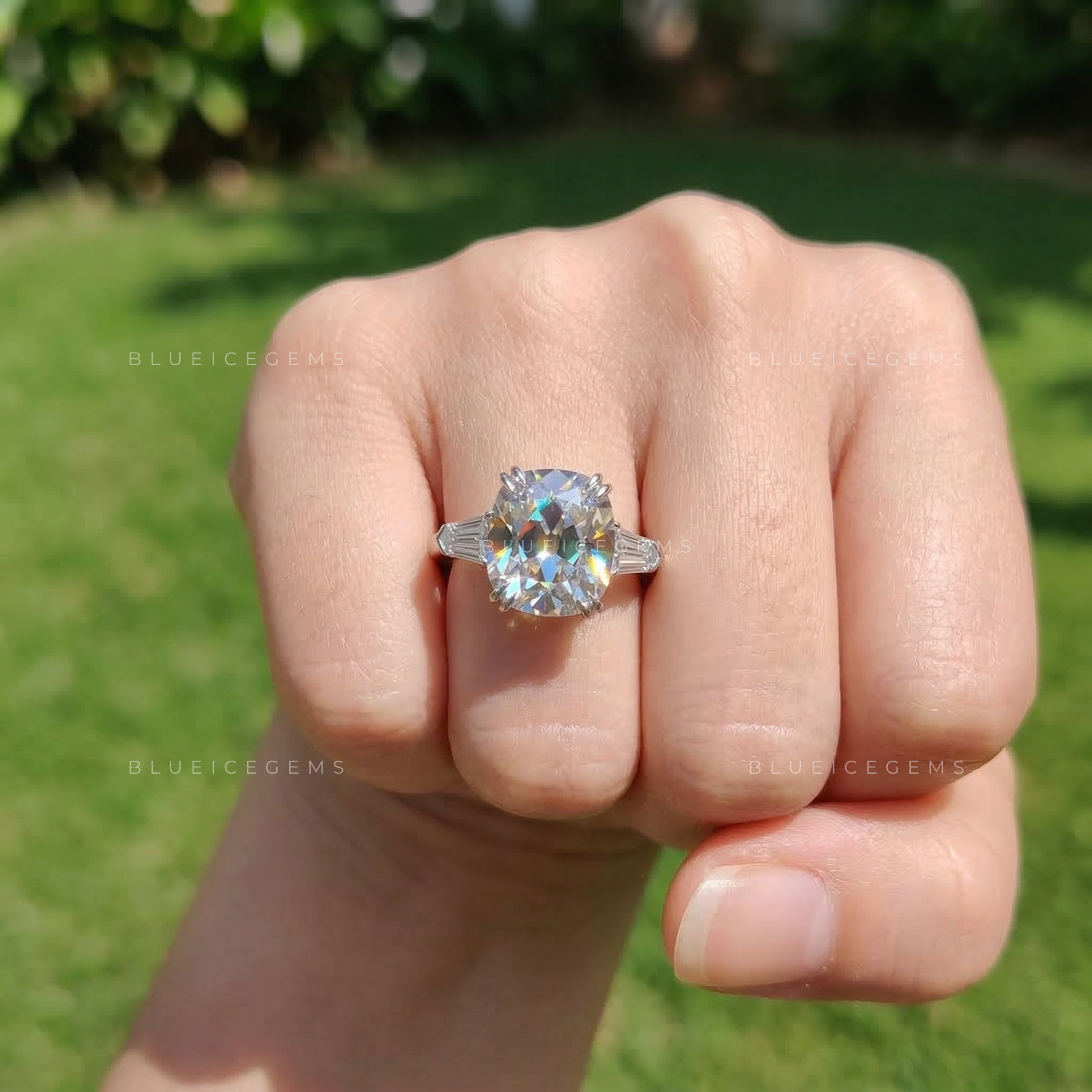 Antique Luster Cushion Old European Bullet Three Stone Ring