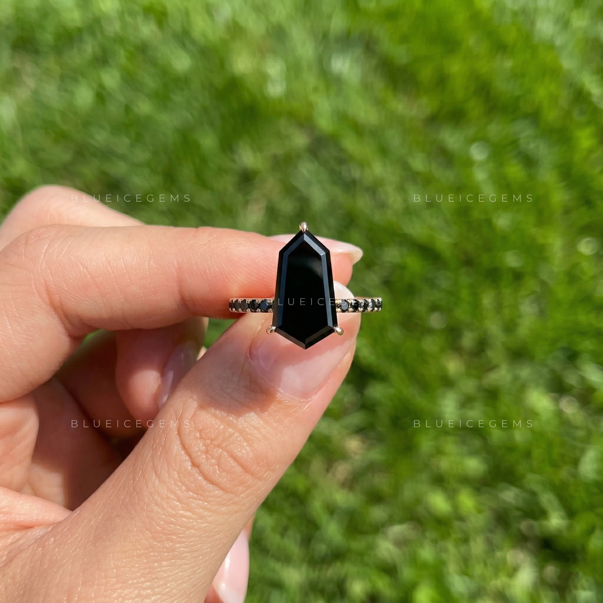 Modern Noir Shield Cut Black Diamond Halo Engagement Ring