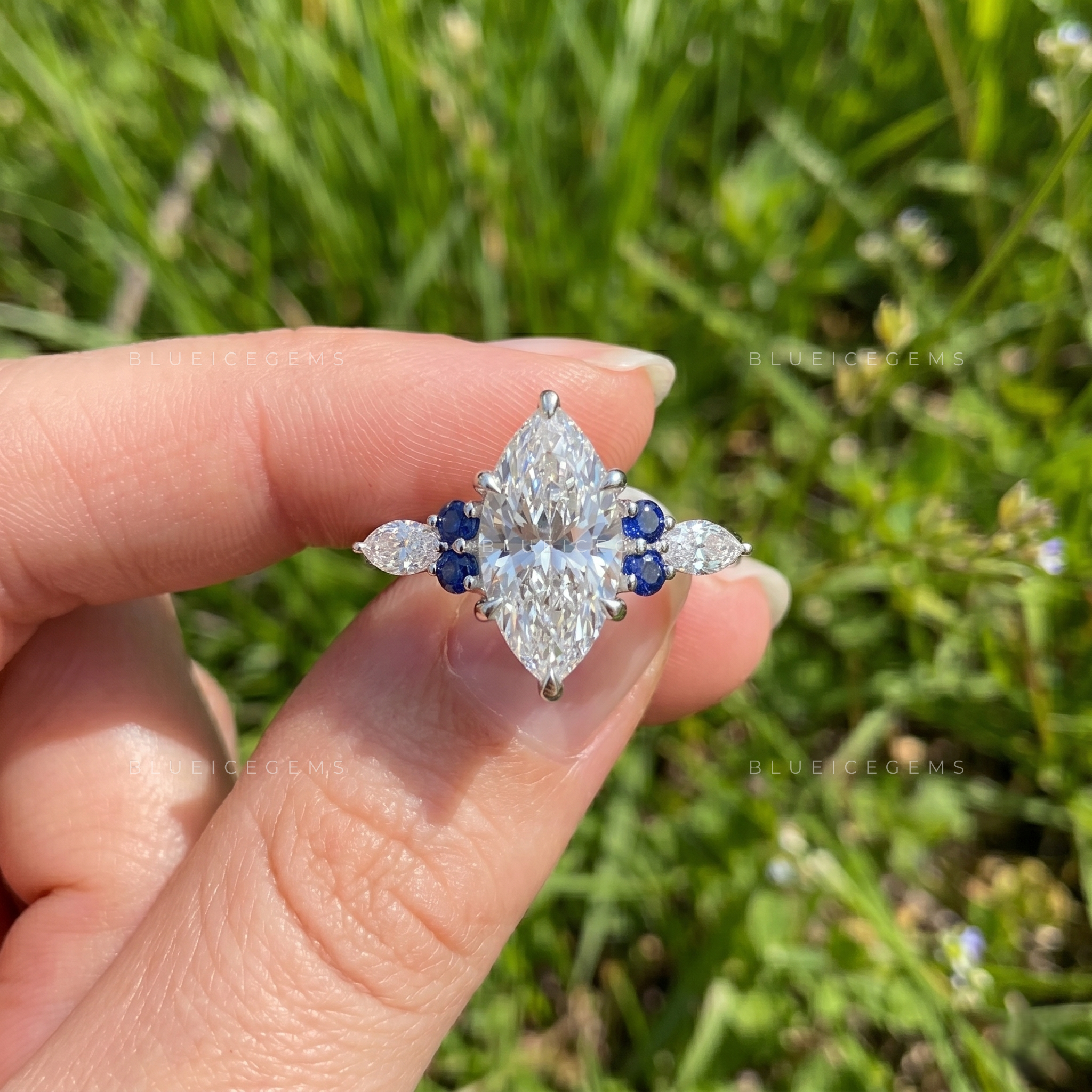 Royal Blossom Marquise Cut Sapphire Accent Engagement Ring