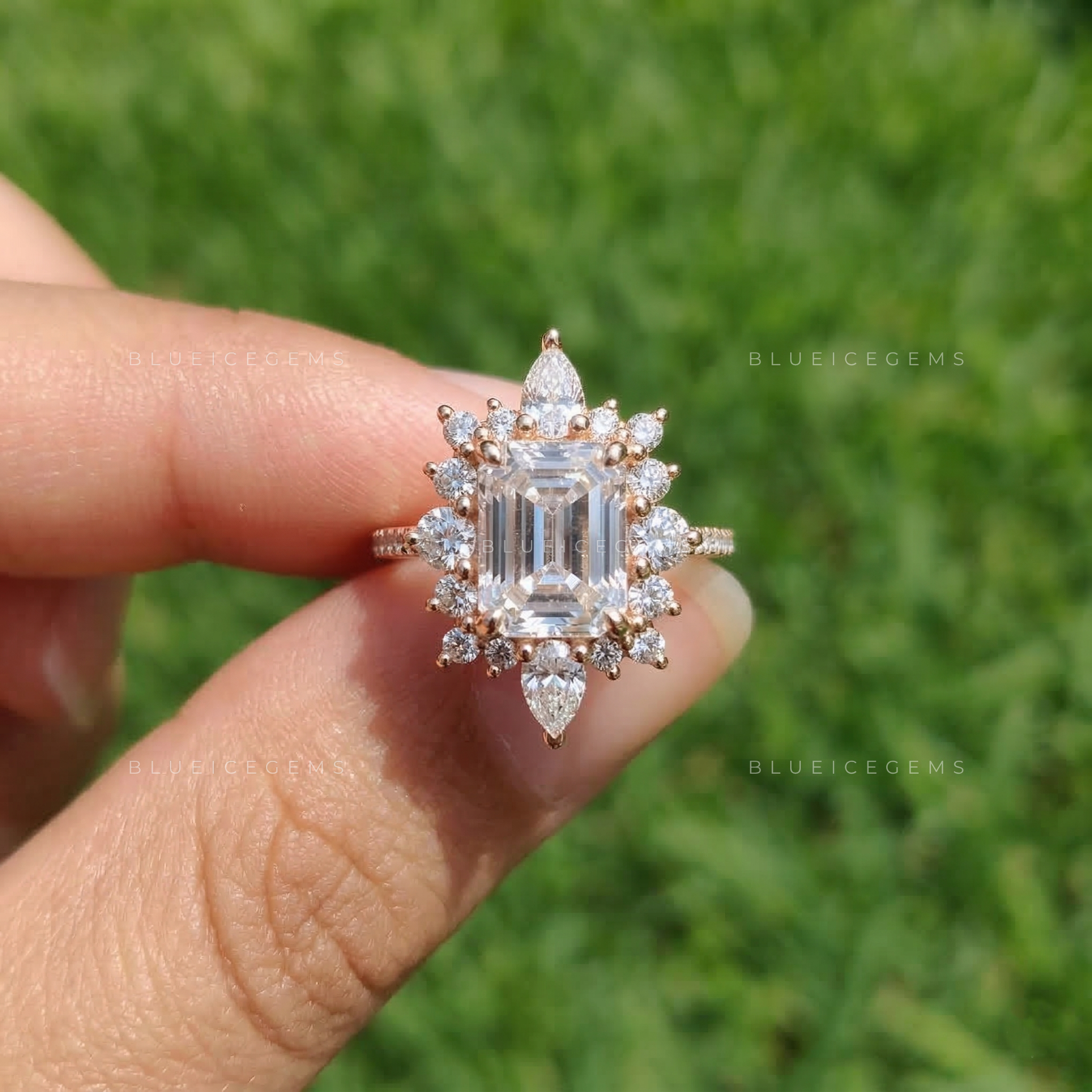 Architectural Elegance Emerald and Pear Cut Trio Ring